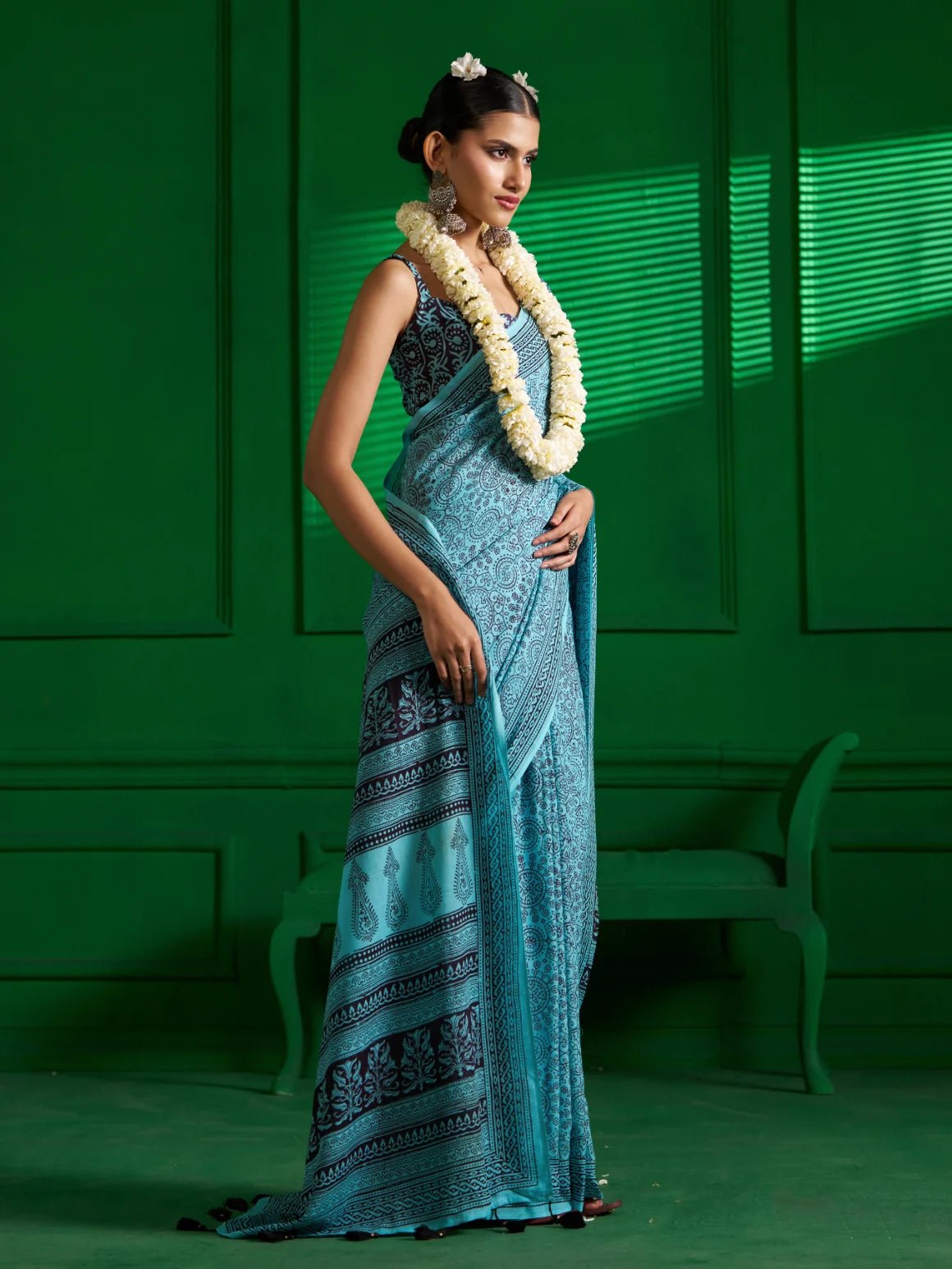 AQUA BLUE VISCOSE MUL BAGH PRINT SAREE