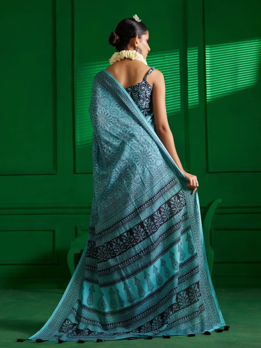 AQUA BLUE VISCOSE MUL BAGH PRINT SAREE