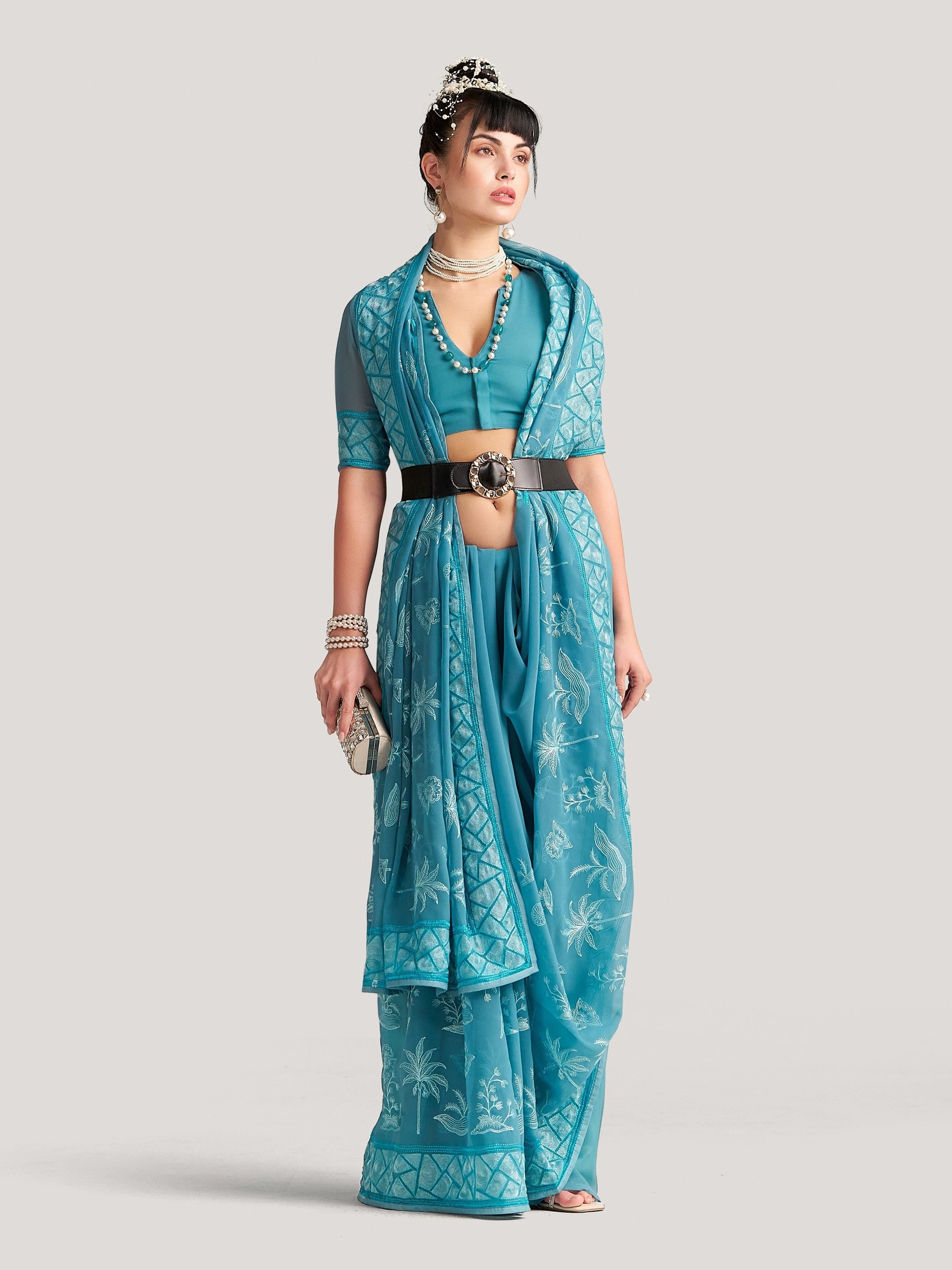 BABY BLUE GEORGETTE TREE PRINTED EMBROIDERY SAREE