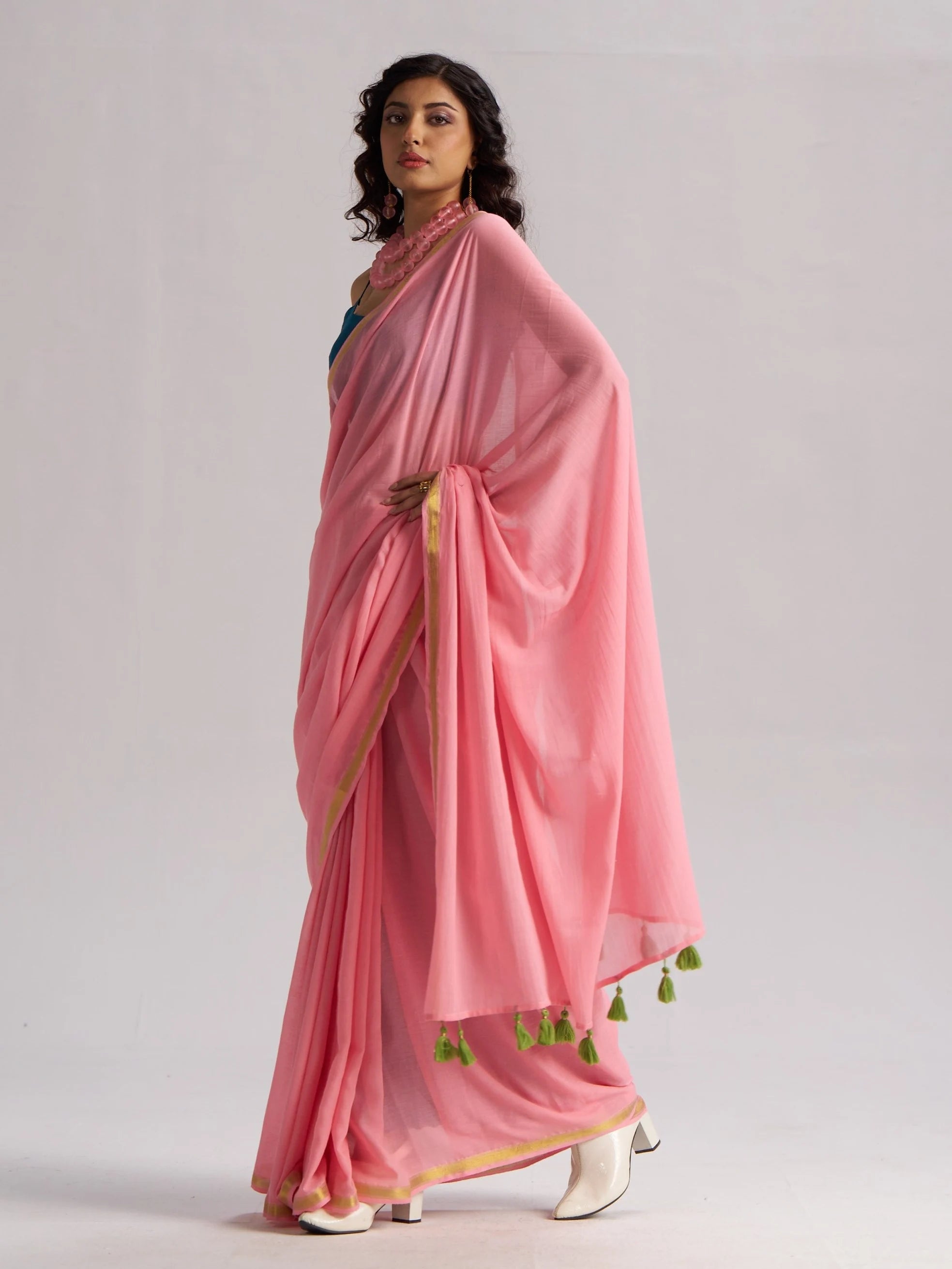 BABY PINK VISCOSE MUL LIVA SOLID SAREE
