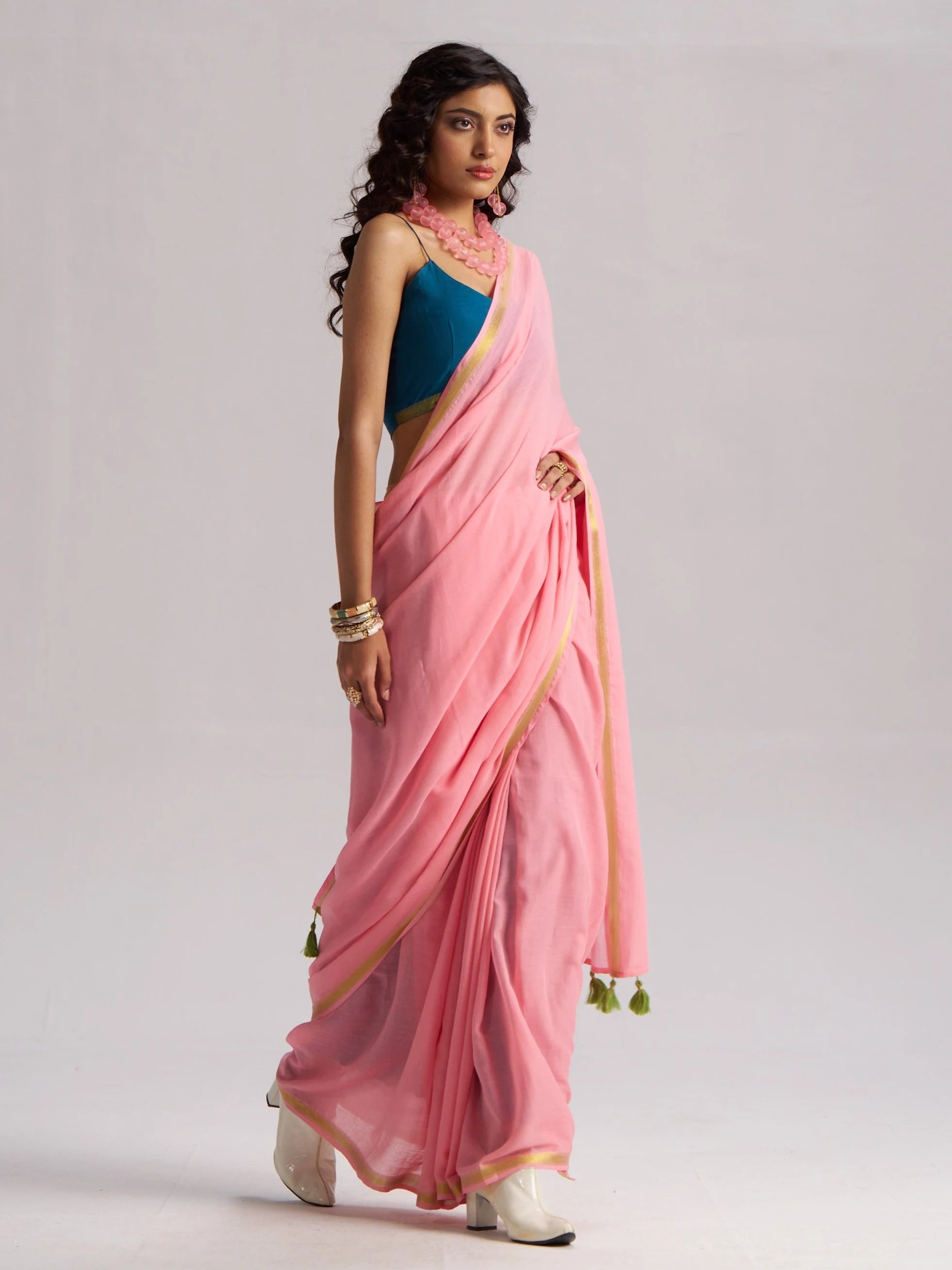 BABY PINK VISCOSE MUL LIVA SOLID SAREE