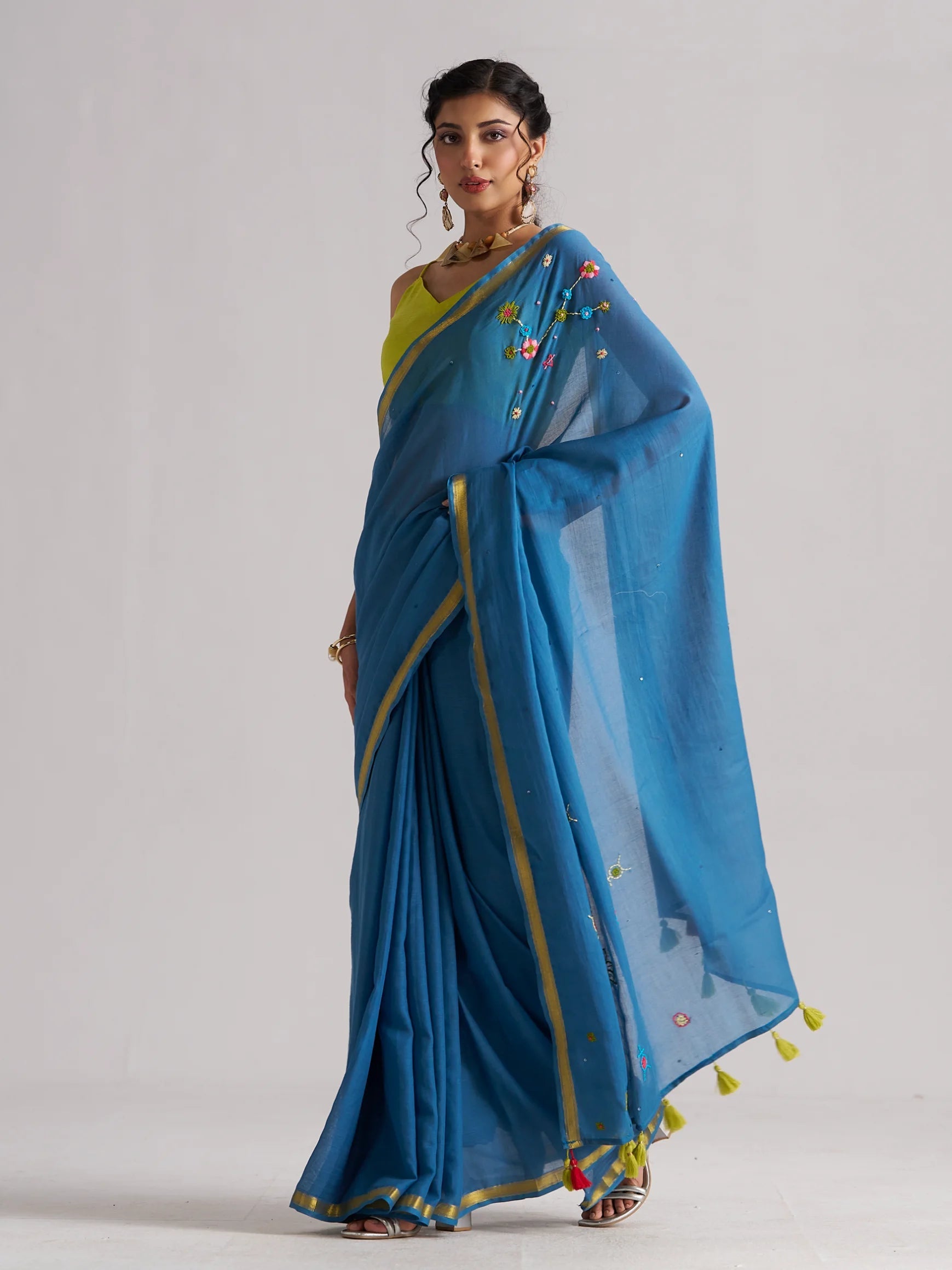 BAHAMA BLUE VISCOSE MUL THREAD WORK SAREES