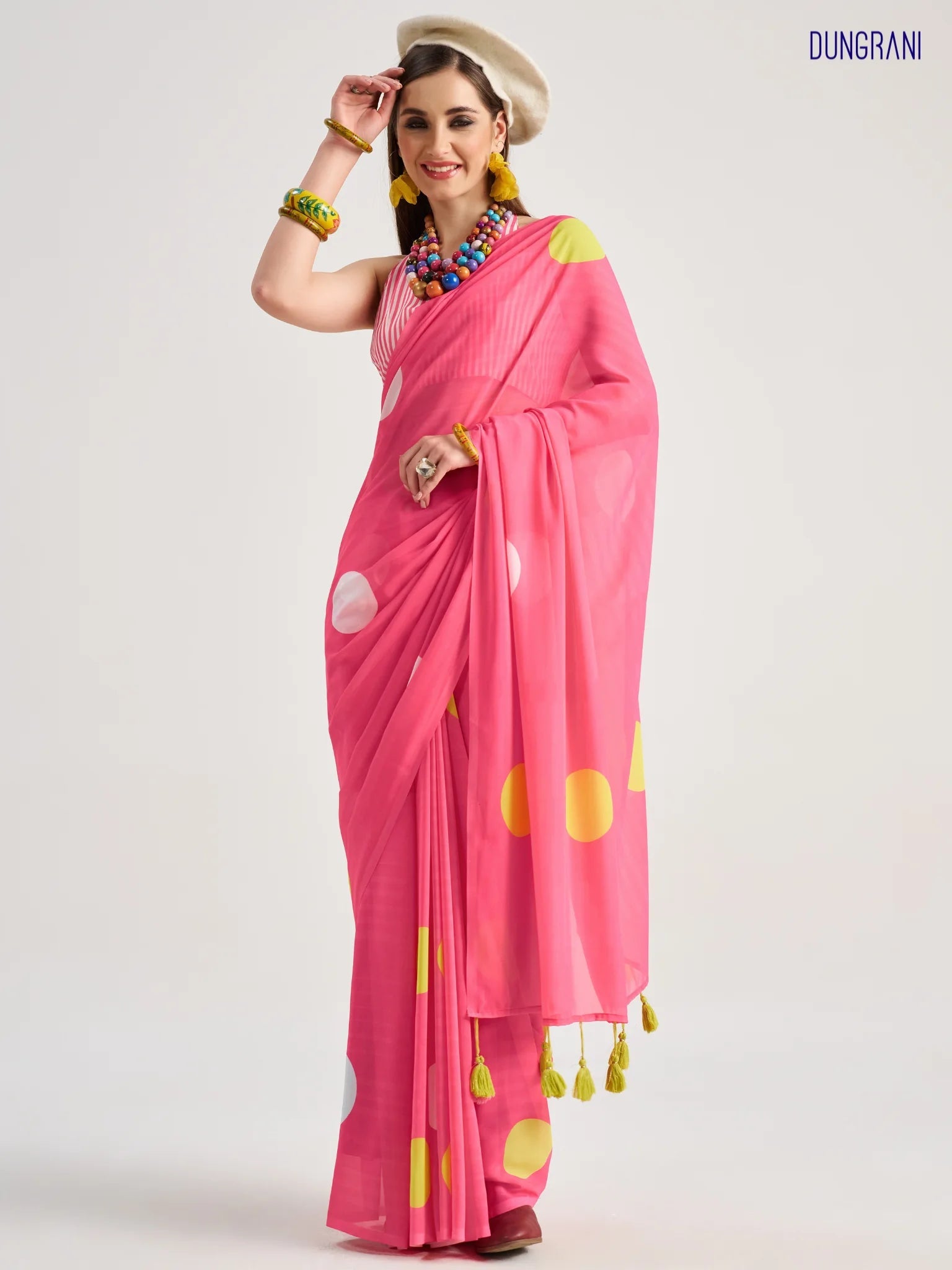 BARBIE PINK GEORGETTE POLKA POPS DIGITAL PRINTED SAREE