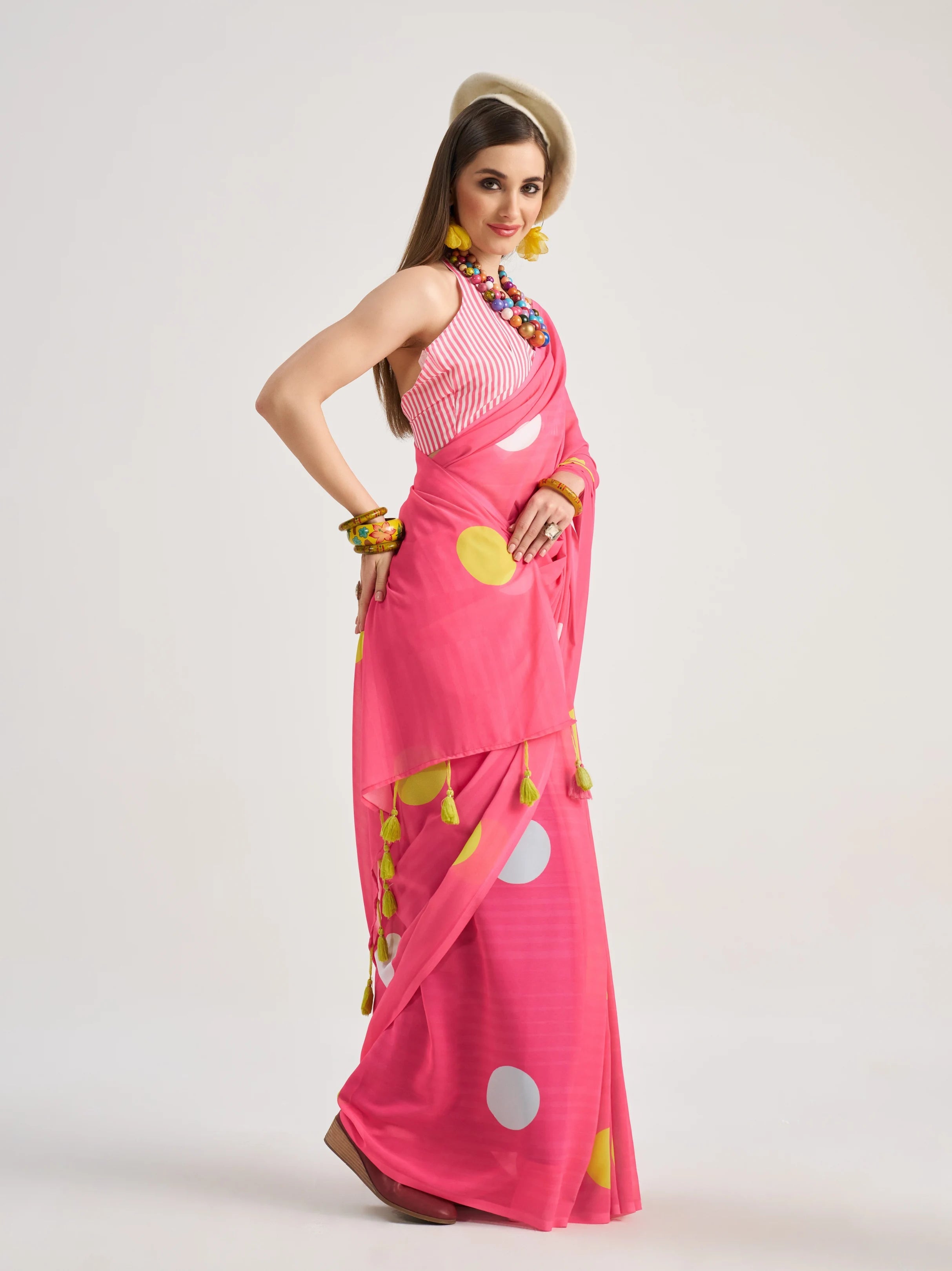BARBIE PINK GEORGETTE POLKA POPS DIGITAL PRINTED SAREE
