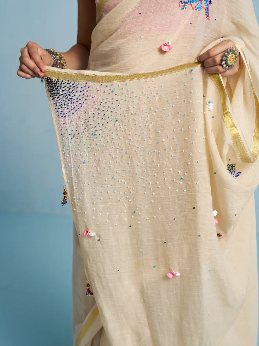 BEIGE MULMUL COTTON THREAD WORK SAREES