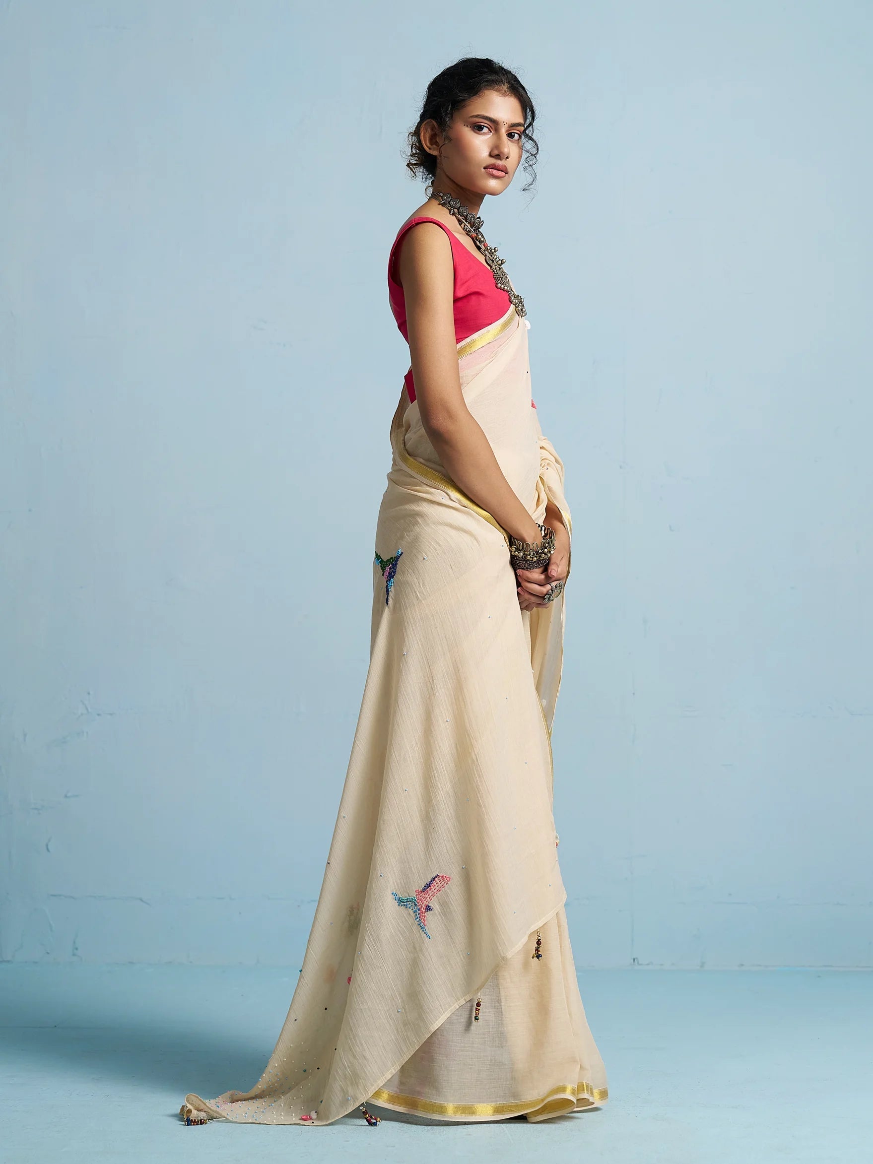 BEIGE MULMUL COTTON THREAD WORK SAREES
