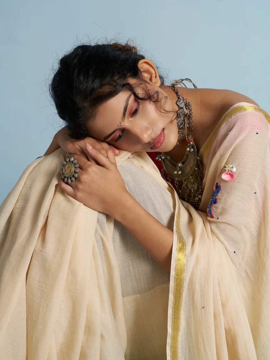 BEIGE VISCOSE MUL THREAD WORK SAREES