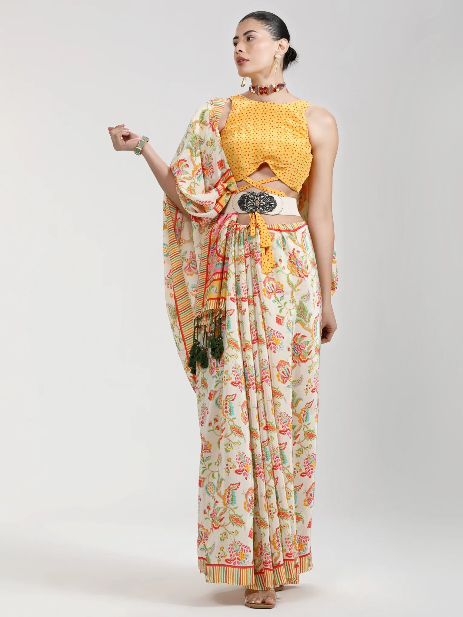 BEIGE & YELLOW NATURAL CREPE DIGITAL PRINTED SAREE