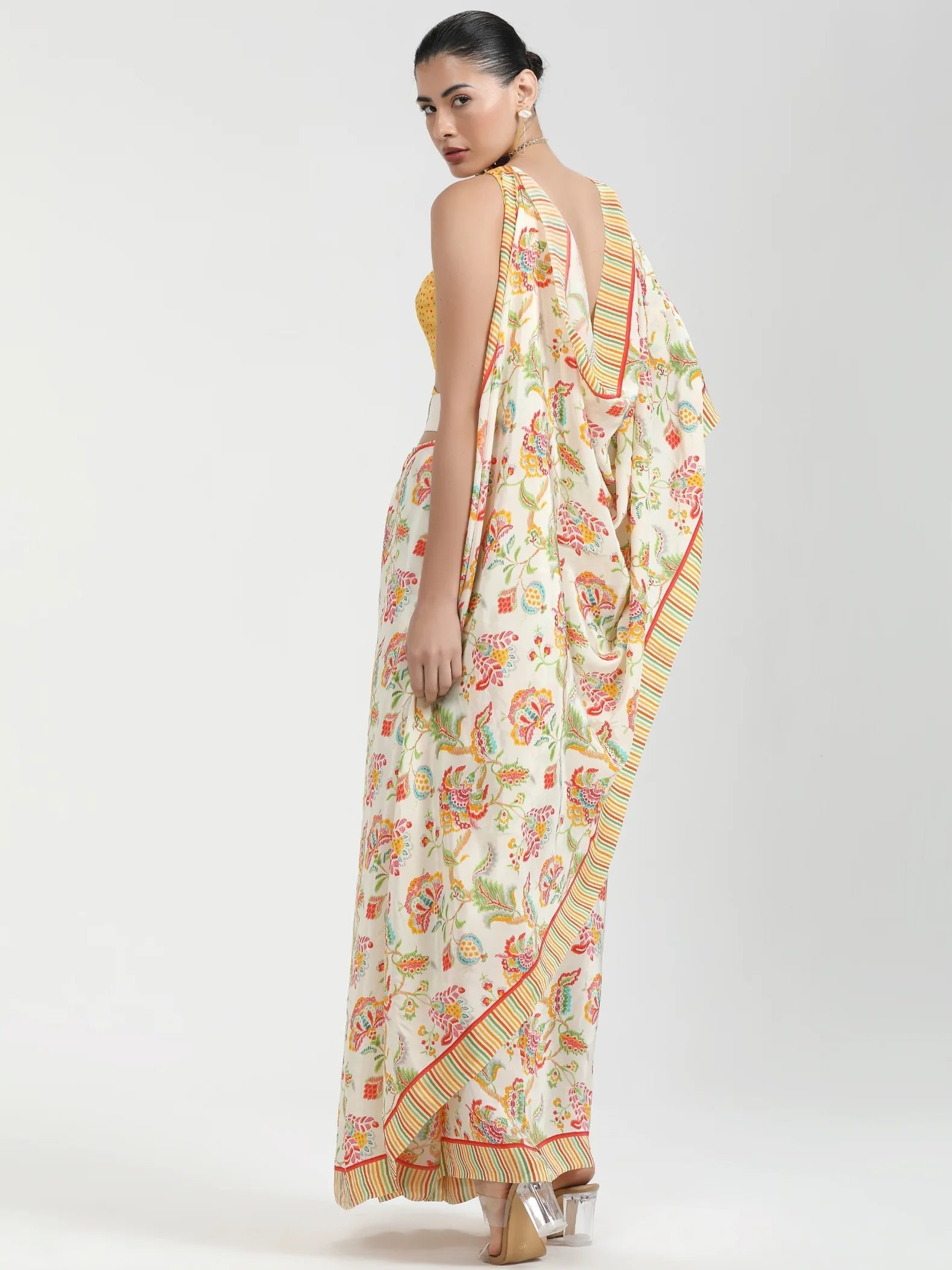 BEIGE & YELLOW NATURAL CREPE DIGITAL PRINTED SAREE
