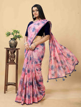 PINK FLORAL PRINTED ZARI WEAVED SAREE