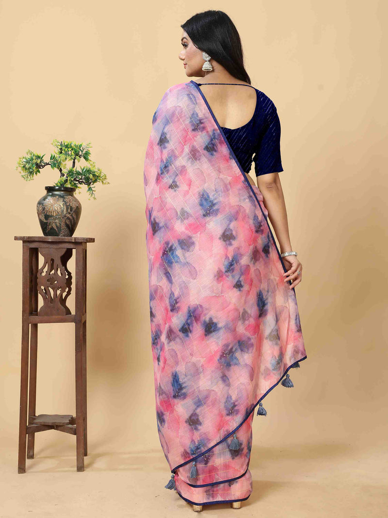 PINK FLORAL PRINTED ZARI WEAVED SAREE