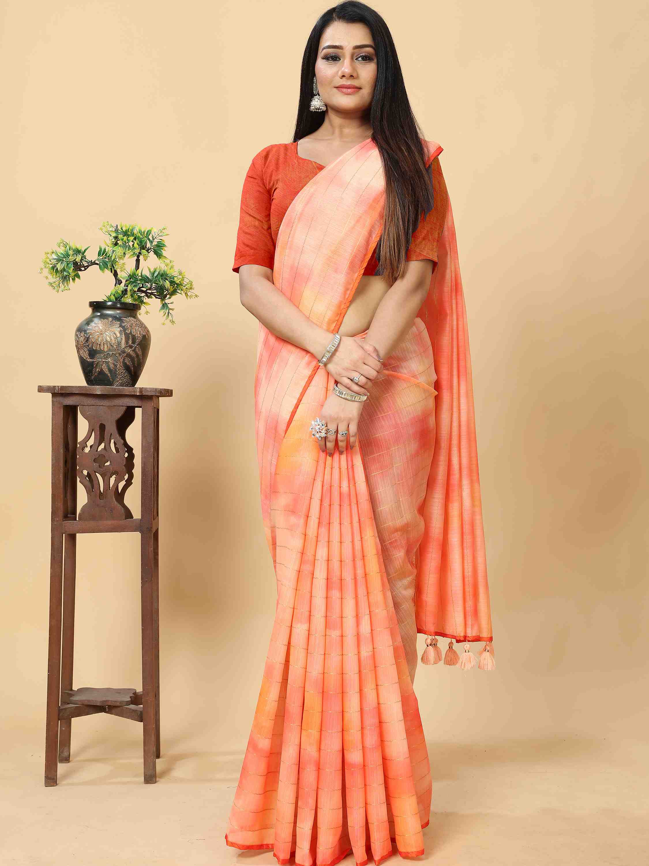 PEACH TIE & DYE PRINTED ZARI WEAVED SAREE