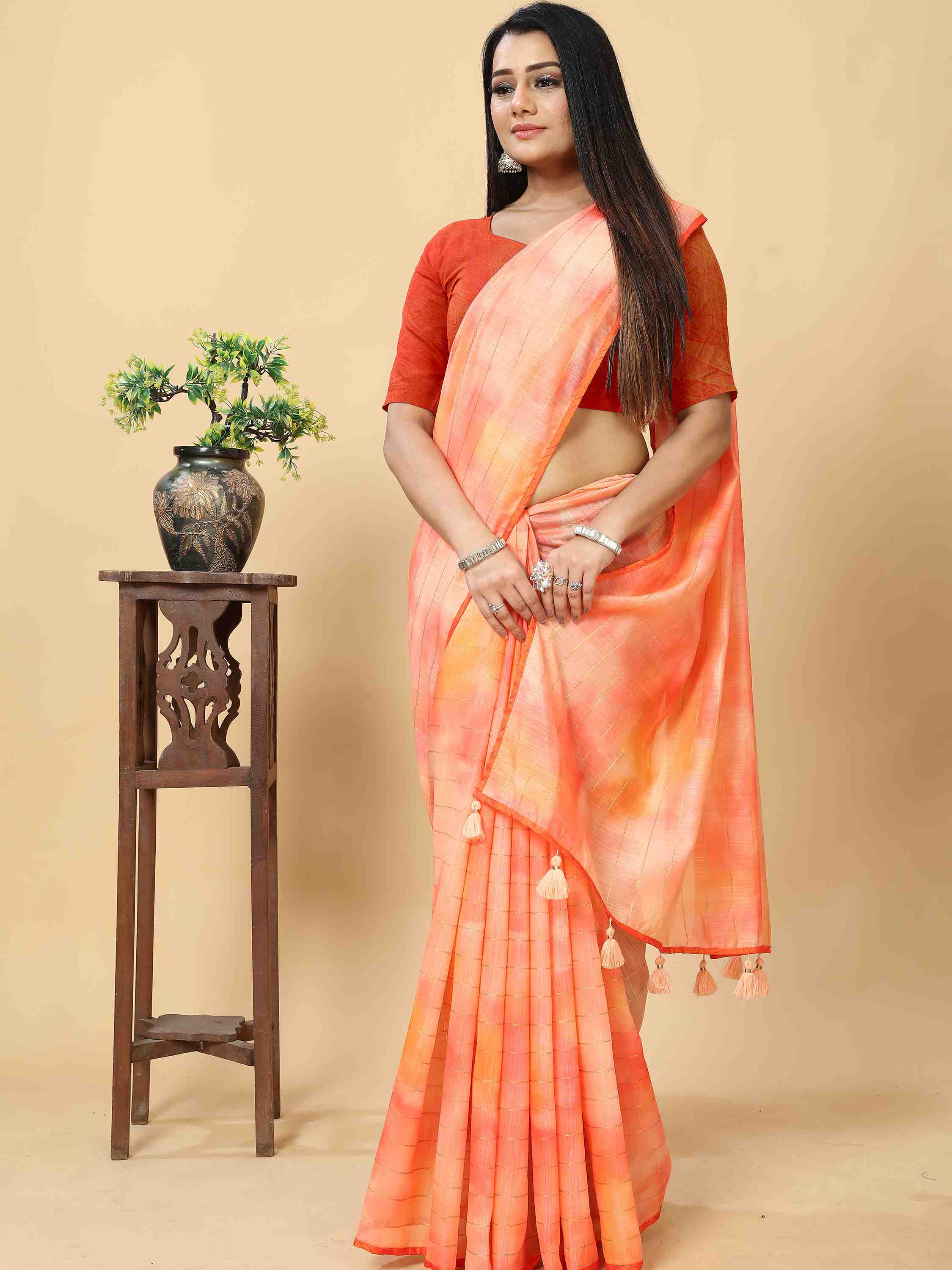 PEACH TIE & DYE PRINTED ZARI WEAVED SAREE