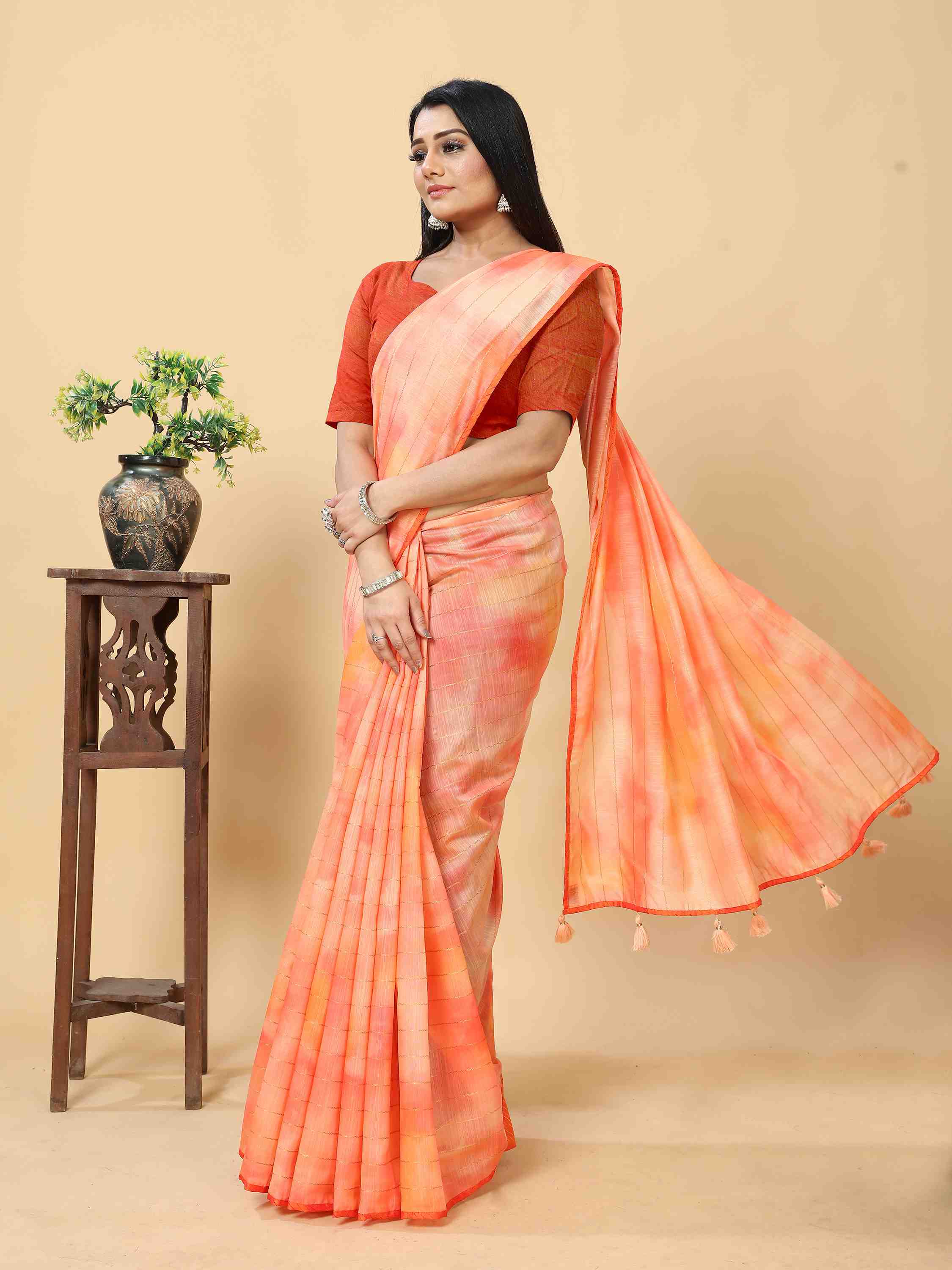 PEACH TIE & DYE PRINTED ZARI WEAVED SAREE