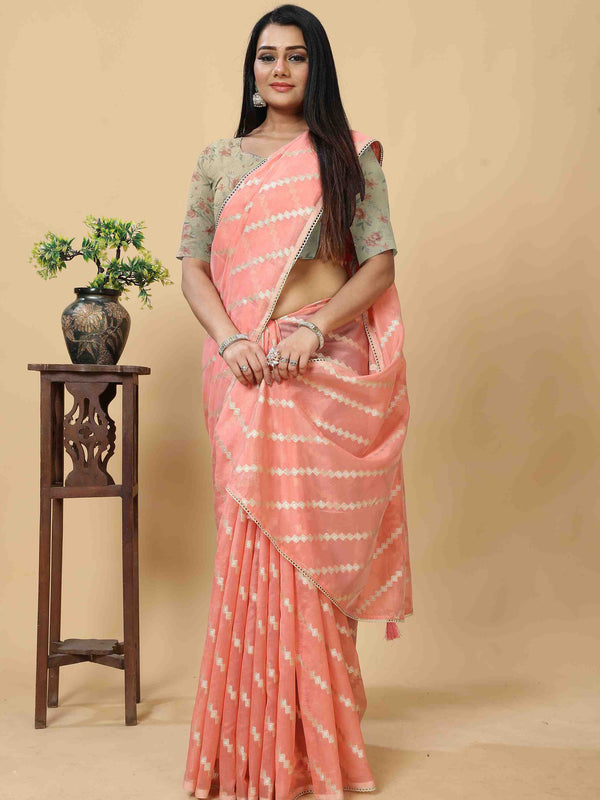 PEACH ORGANZA LEHERIYA SAREE WITH PRINTED BLOUSE