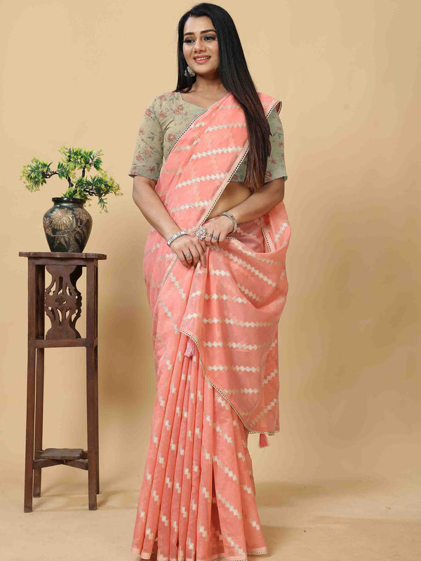 PEACH ORGANZA LEHERIYA SAREE WITH PRINTED BLOUSE