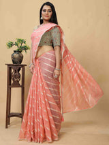 PEACH ORGANZA LEHERIYA SAREE WITH PRINTED BLOUSE