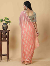 PEACH ORGANZA LEHERIYA SAREE WITH PRINTED BLOUSE