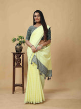 YELLOW LINEN BLEND SAREE WITH CONTEMPARARY BORDER