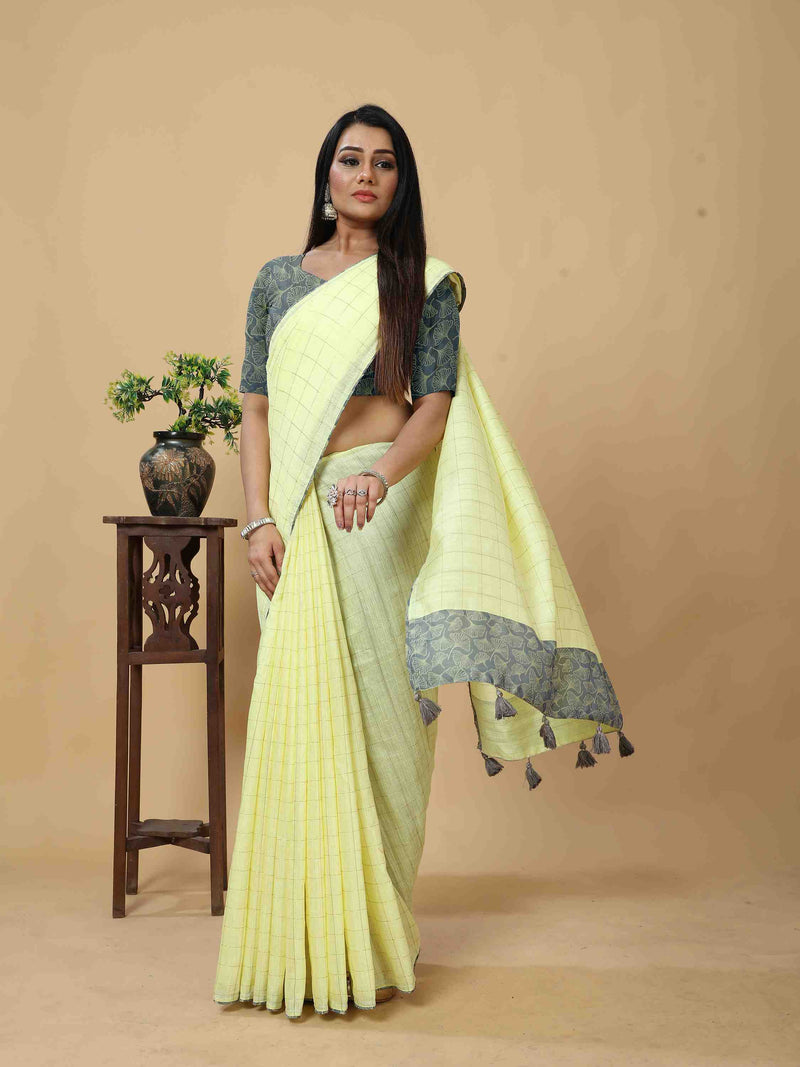 YELLOW LINEN BLEND SAREE WITH CONTEMPARARY BORDER