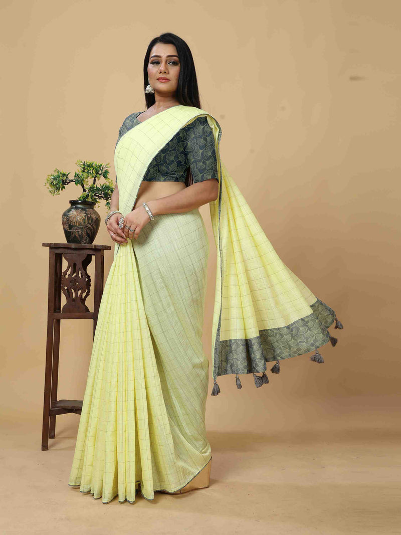 YELLOW LINEN BLEND SAREE WITH CONTEMPARARY BORDER