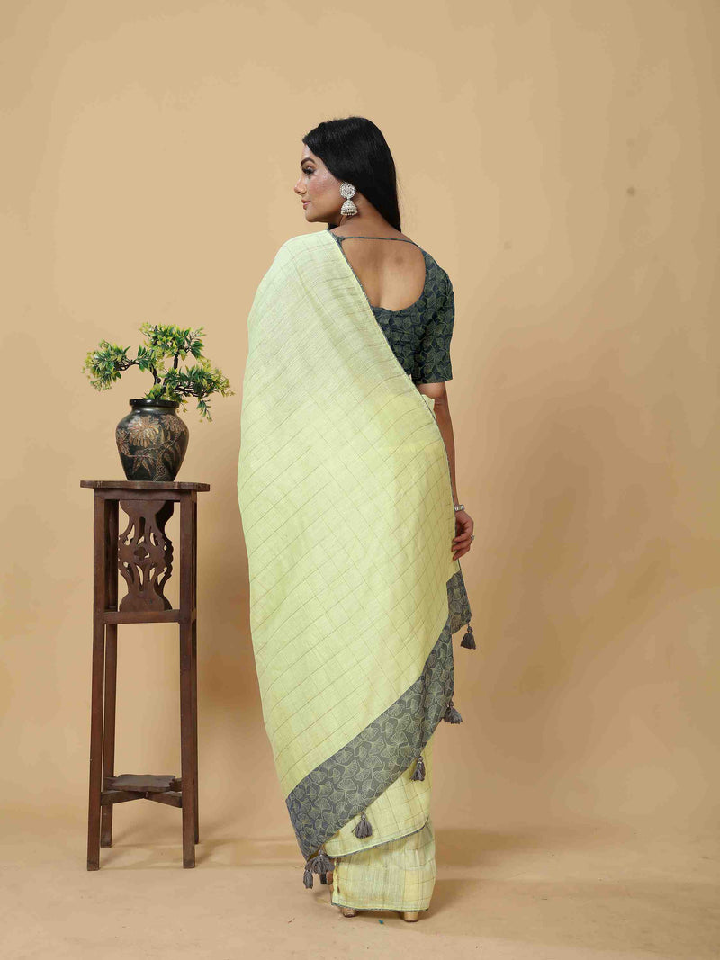 YELLOW LINEN BLEND SAREE WITH CONTEMPARARY BORDER