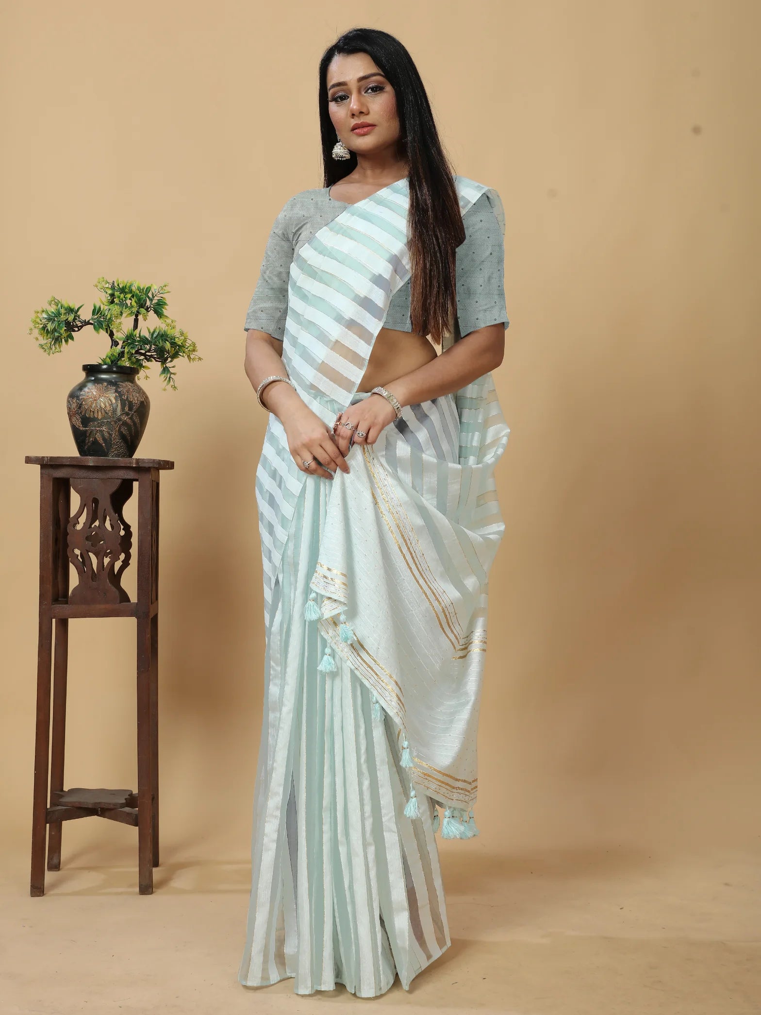 GRAY SHADE VISCOSE MUL FIGARO SAREE