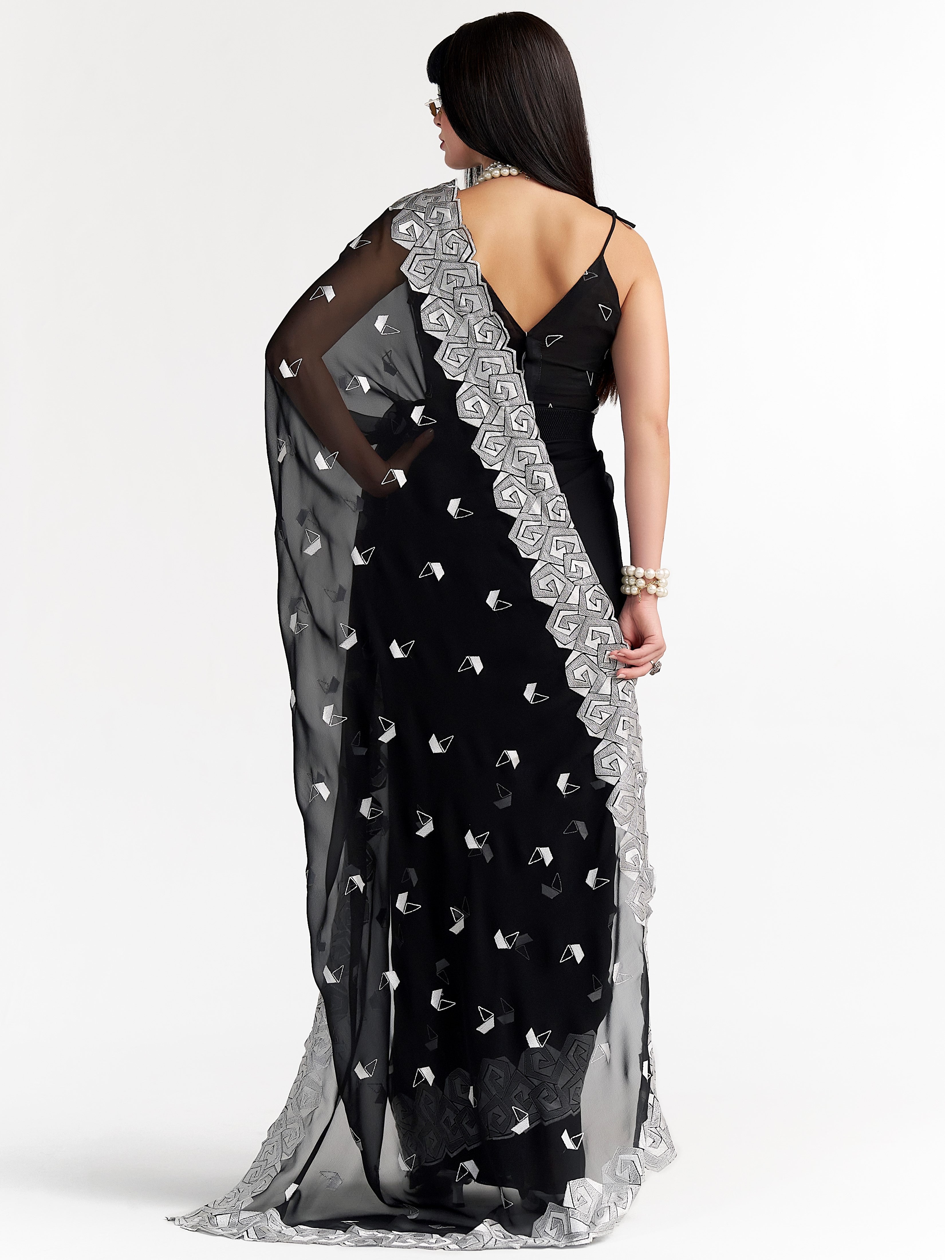BLACK GEORGETTE BOAT PRINTED EMBROIDERY SAREE