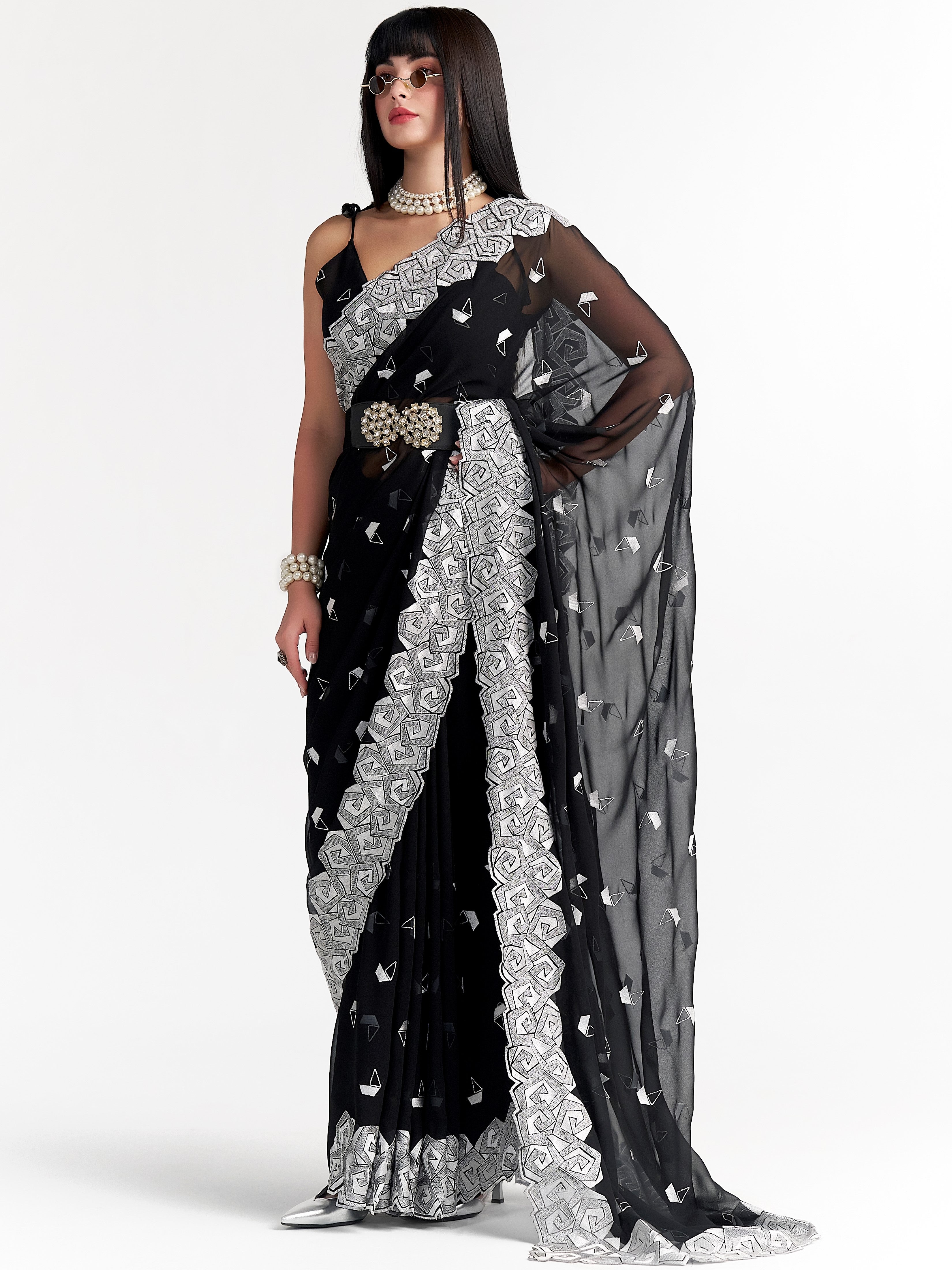 BLACK GEORGETTE BOAT PRINTED EMBROIDERY SAREE