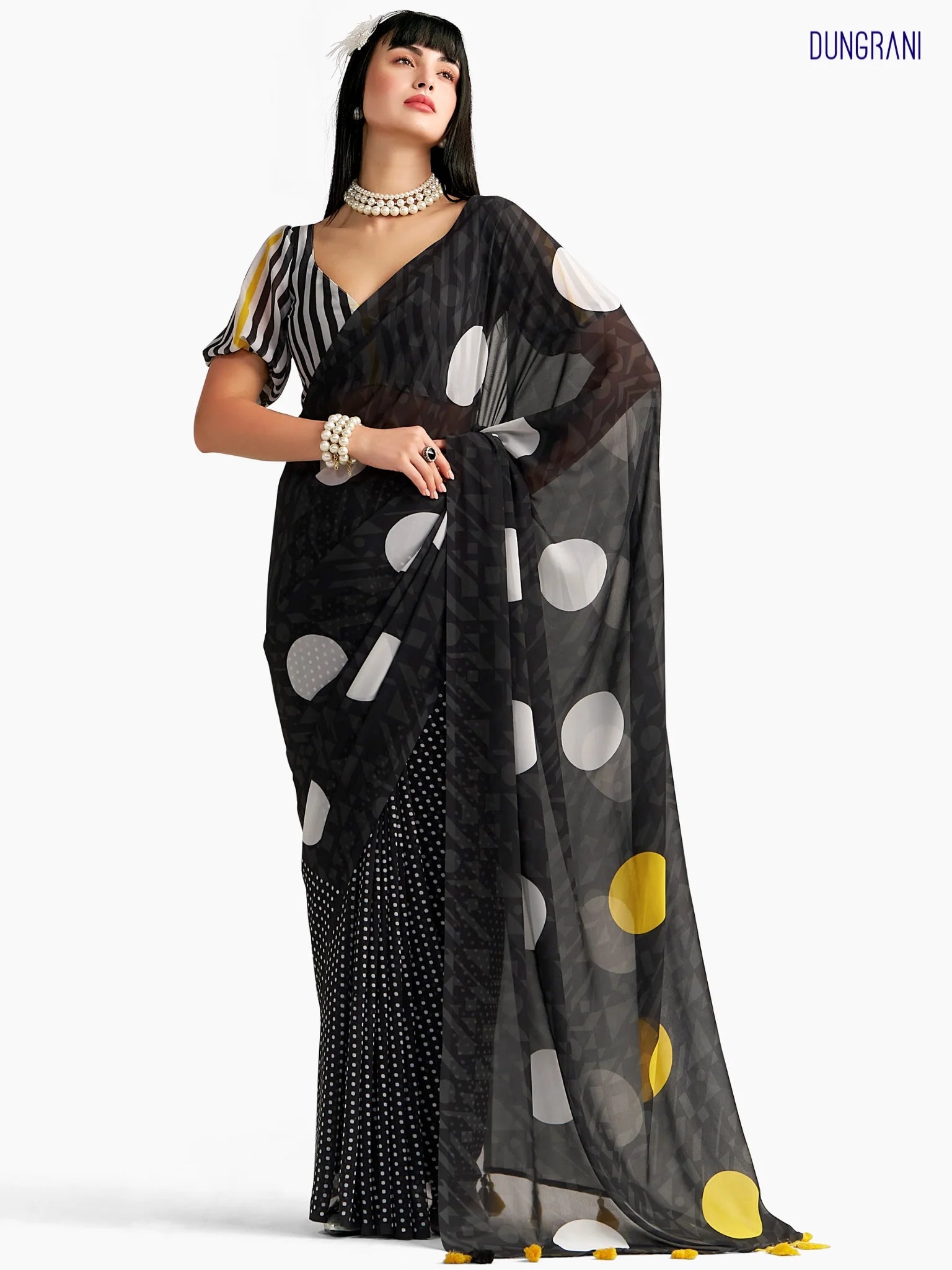 BLACK GEORGETTE POLKA POPS DIGITAL PRINTED SAREE