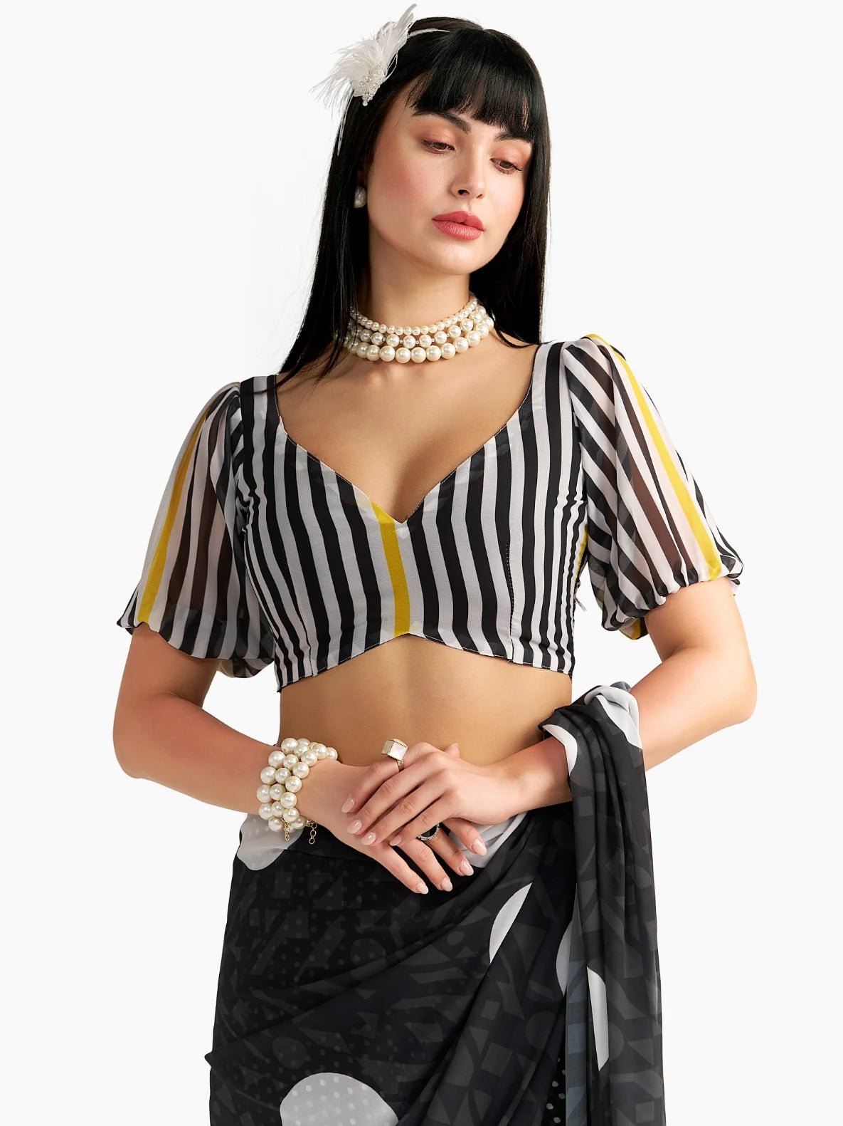 BLACK GEORGETTE POLKA POPS DIGITAL PRINTED SAREE