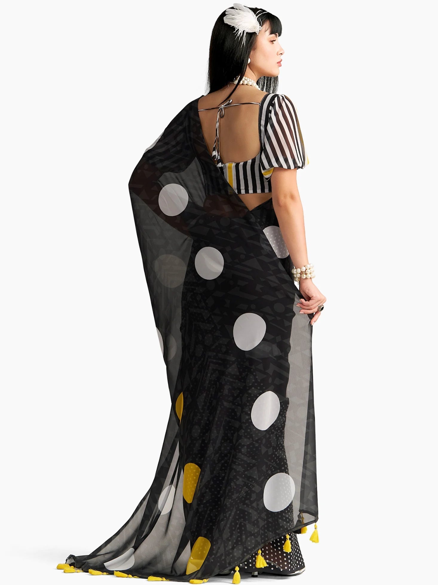BLACK GEORGETTE POLKA POPS DIGITAL PRINTED SAREE