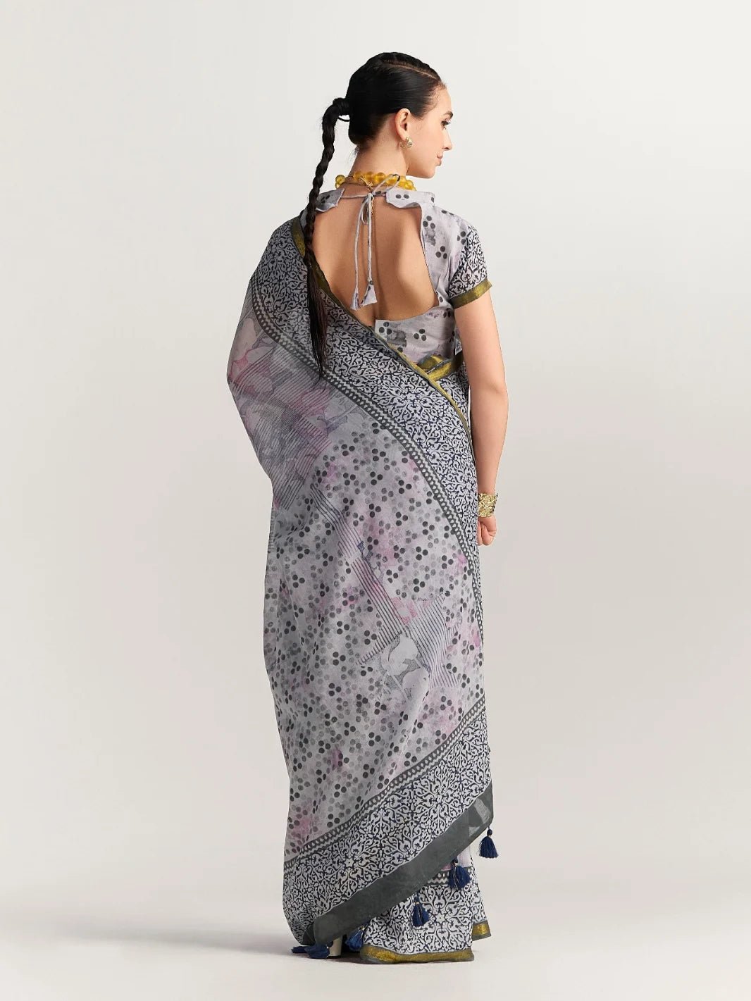 BLACK & GRAY SHADE VISCOSE MUL BLOCK PRINTED SAREE