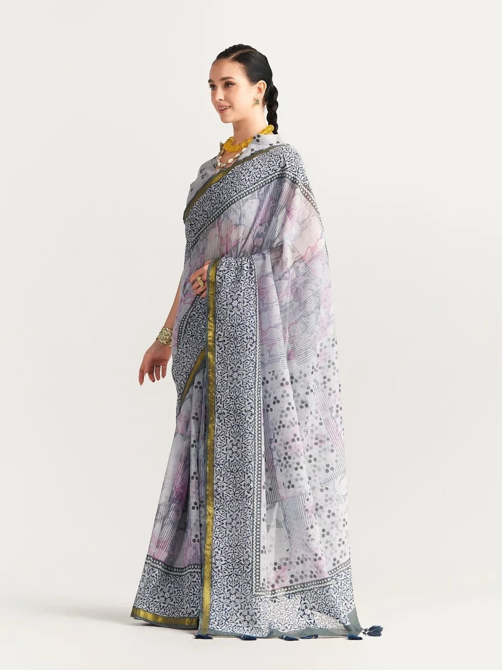 BLACK & GRAY SHADE VISCOSE MUL BLOCK PRINTED SAREE