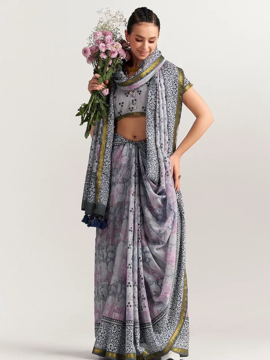 BLACK & GRAY SHADE VISCOSE MUL BLOCK PRINTED SAREE