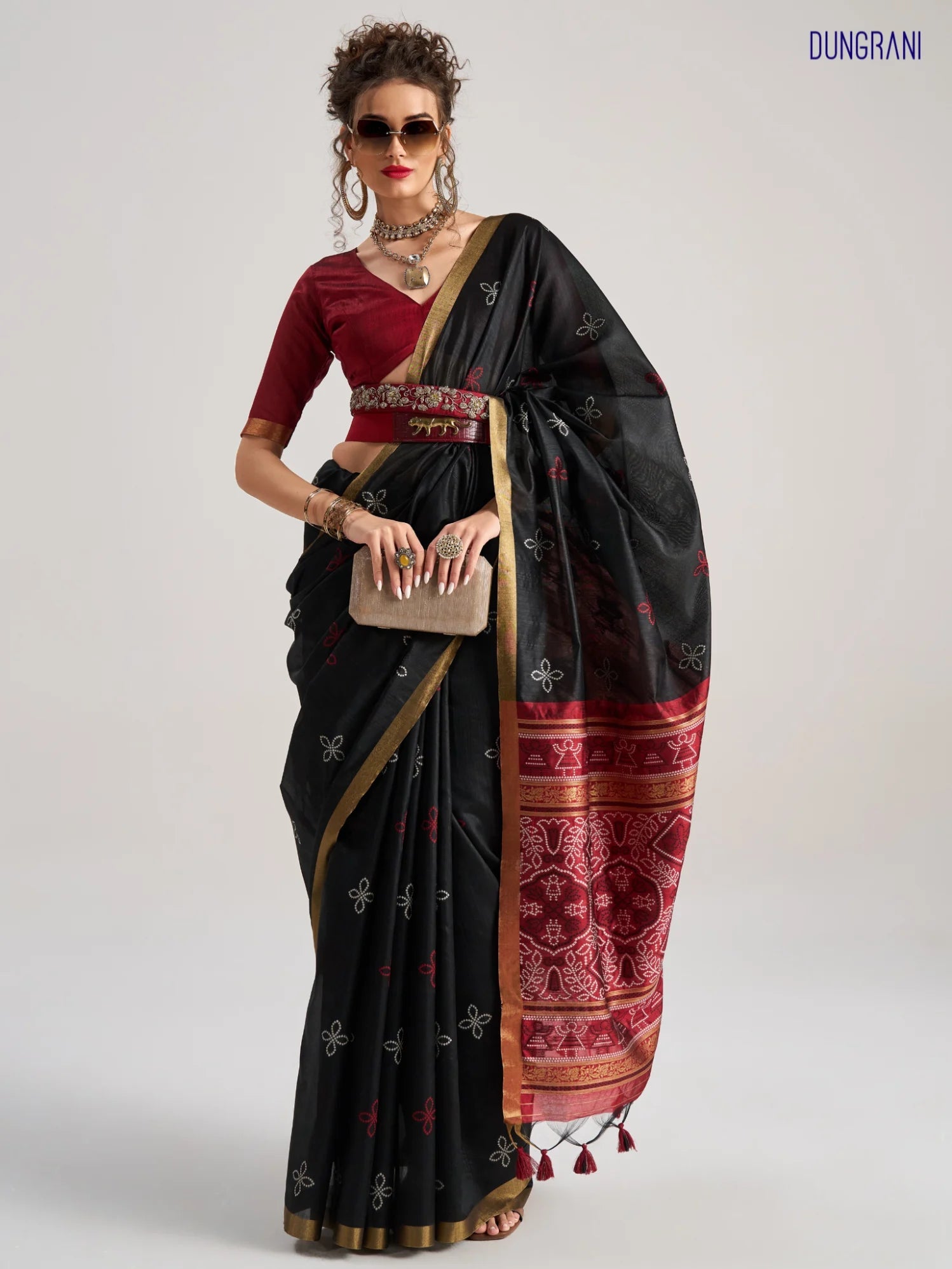 BLACK & MAROON HANDWOVEN BANDHEJ ART SILK SAREE