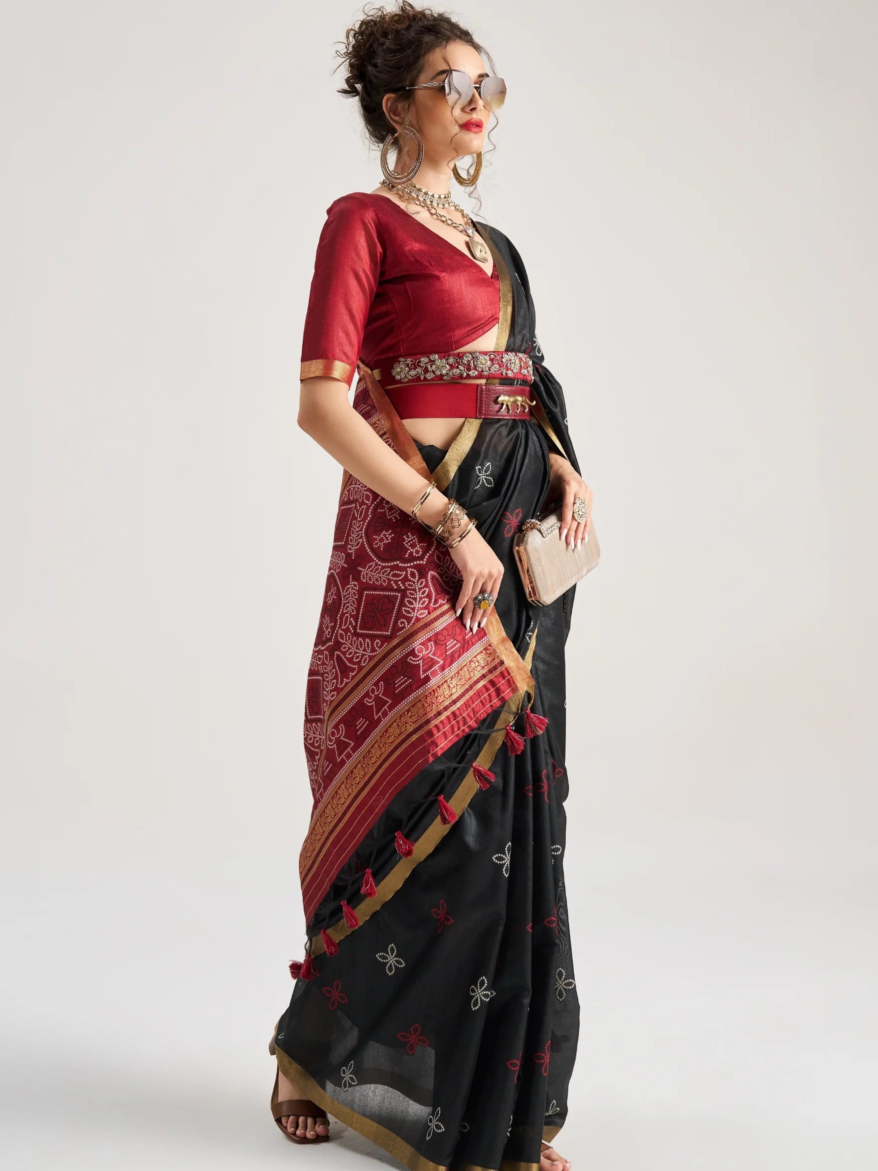 BLACK & MAROON HANDWOVEN BANDHEJ ART SILK SAREE