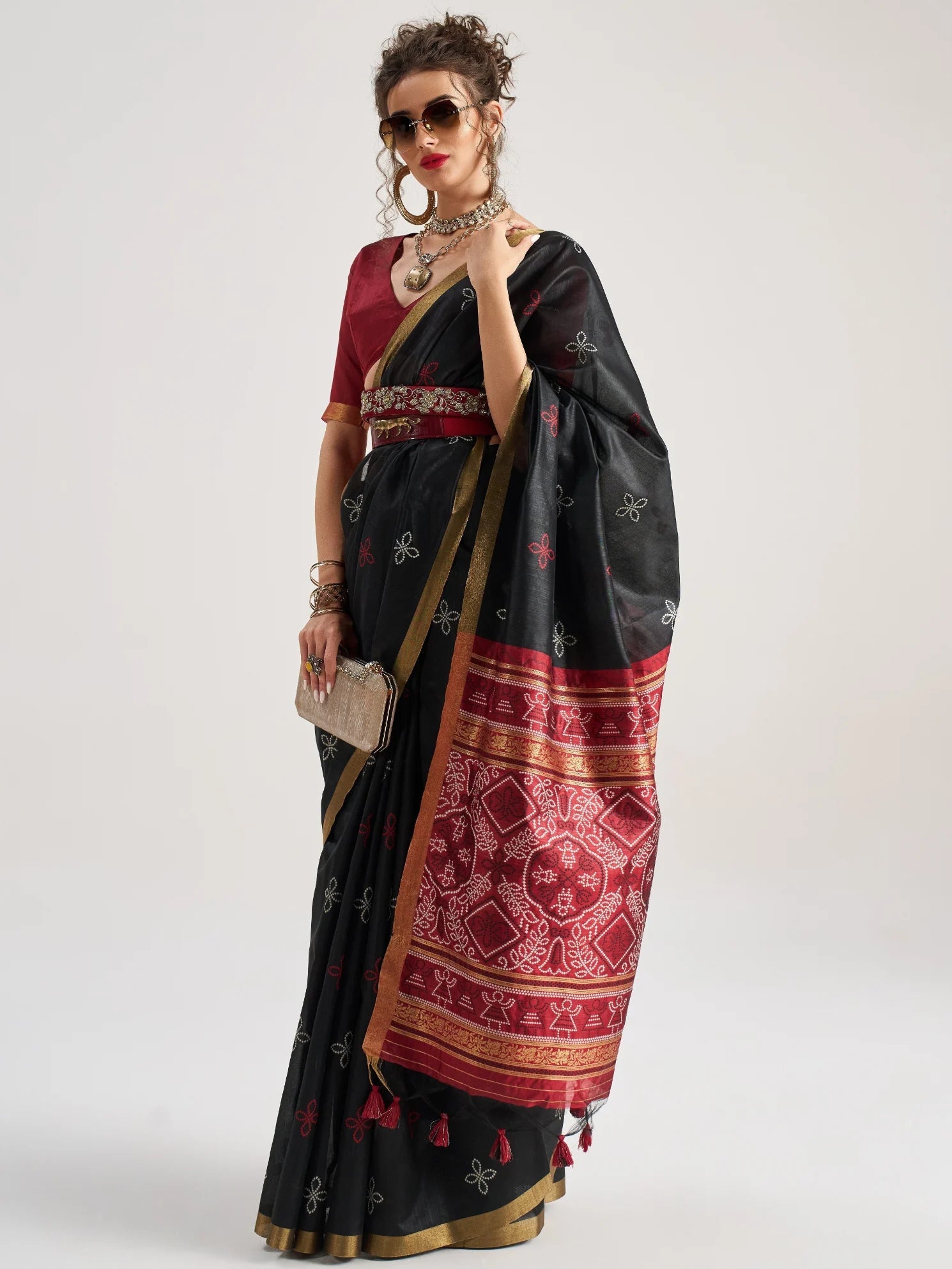 BLACK & MAROON HANDWOVEN BANDHEJ ART SILK SAREE