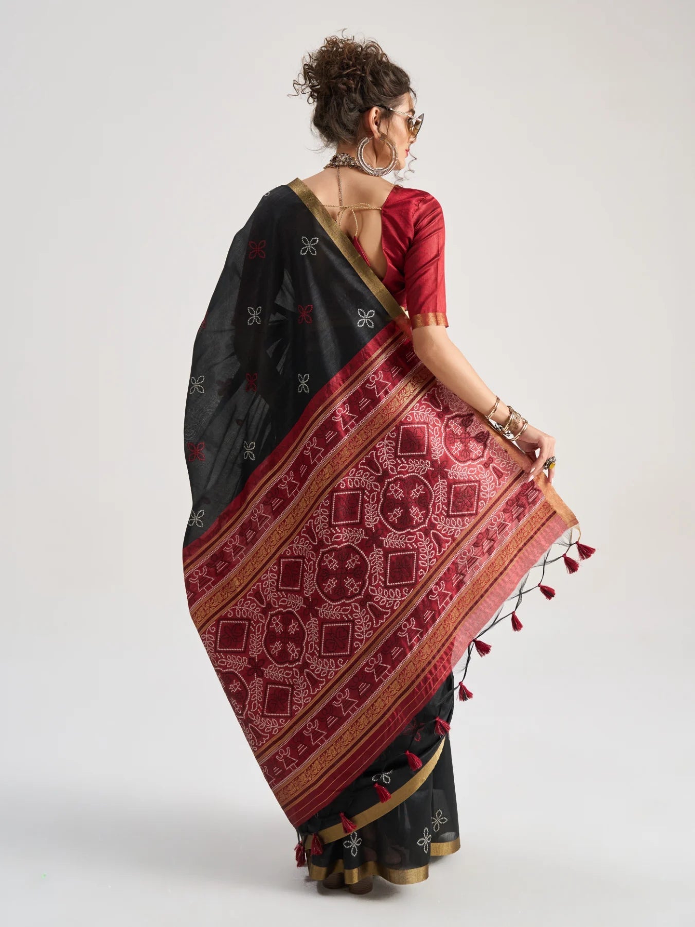 BLACK & MAROON HANDWOVEN BANDHEJ ART SILK SAREE