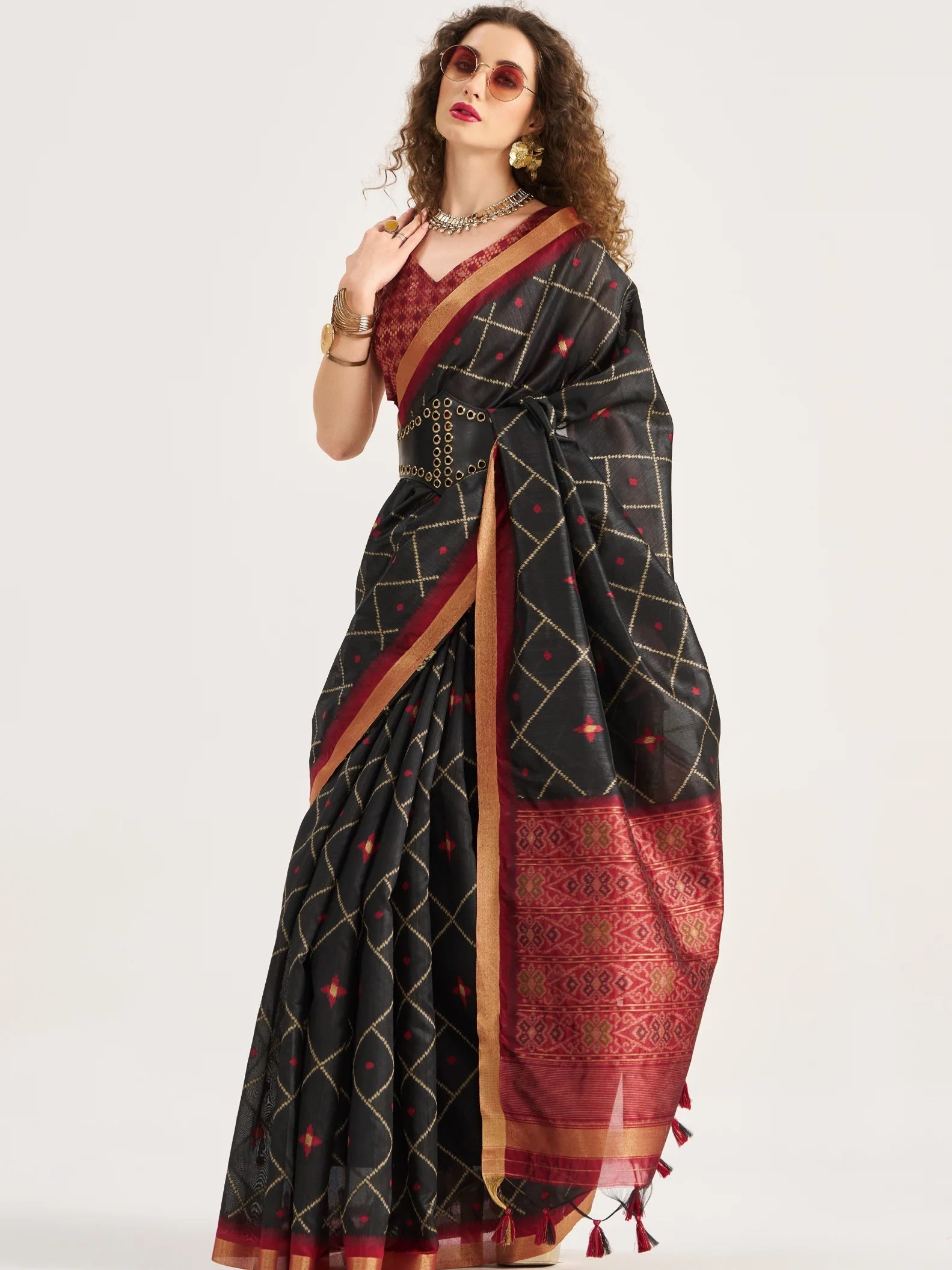 BLACK & MAROON HANDWOVEN BUTTERFLY ART SILK SAREE