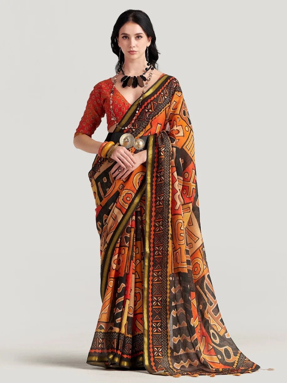 BLACK & ORANGE VISCOSE MUL LIVA DIGITAL PRINTED SAREE