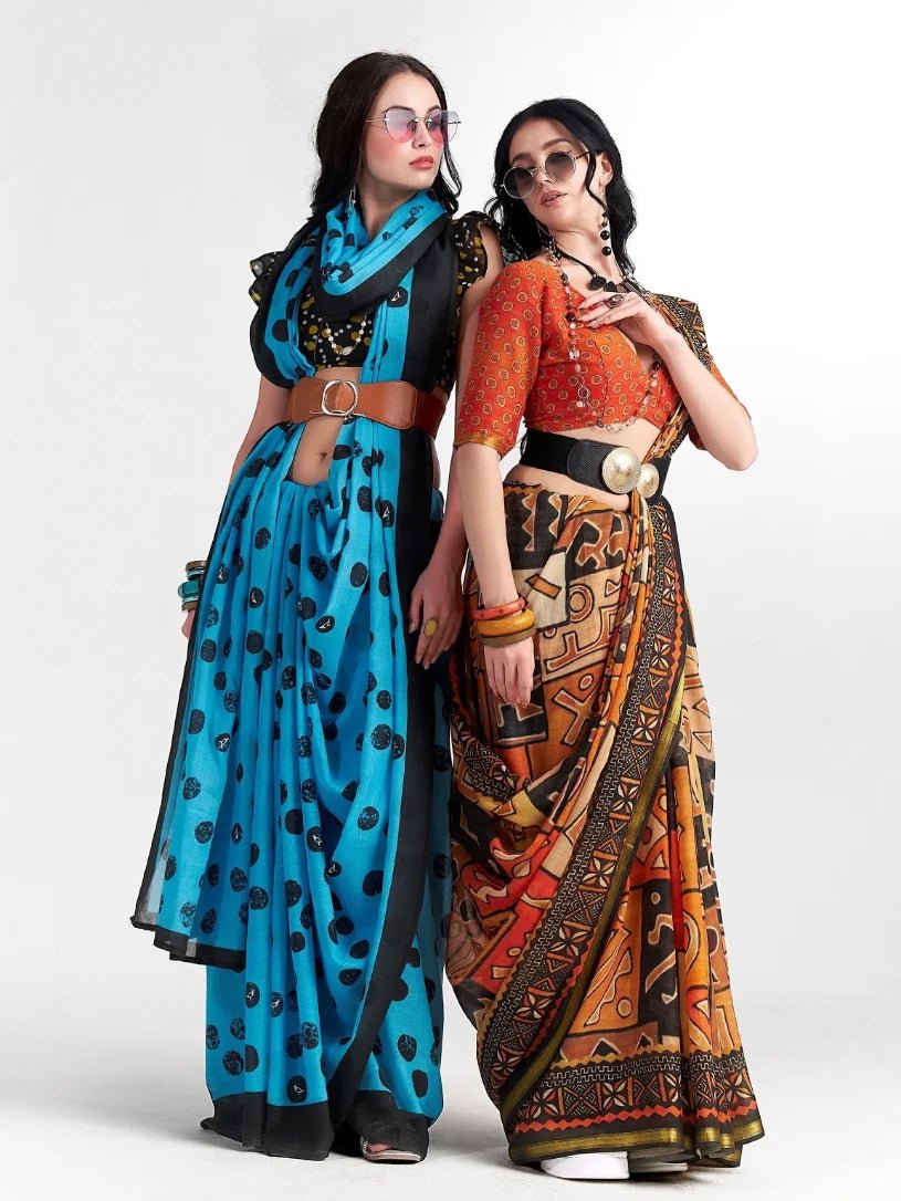 BLACK & ORANGE MULMUL COTTON LIVA DIGITAL PRINTED SAREE