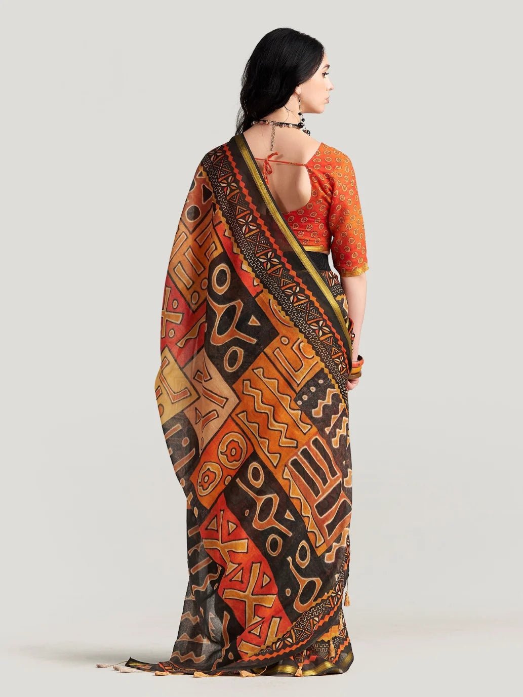 BLACK & ORANGE MULMUL COTTON LIVA DIGITAL PRINTED SAREE