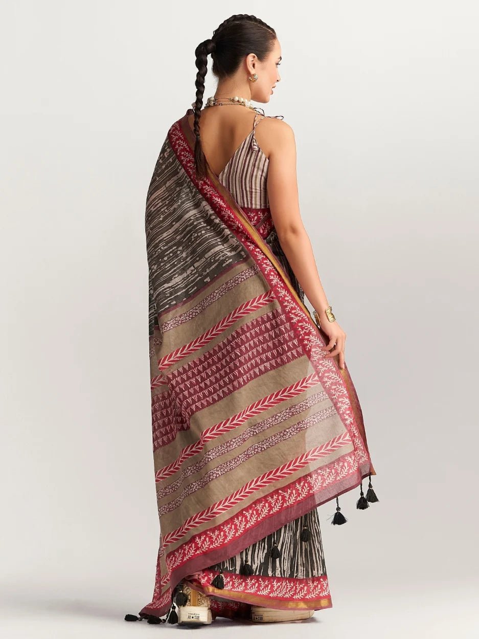 BLACK & RED SHADE VISCOSE MUL BLOCK PRINTED SAREE