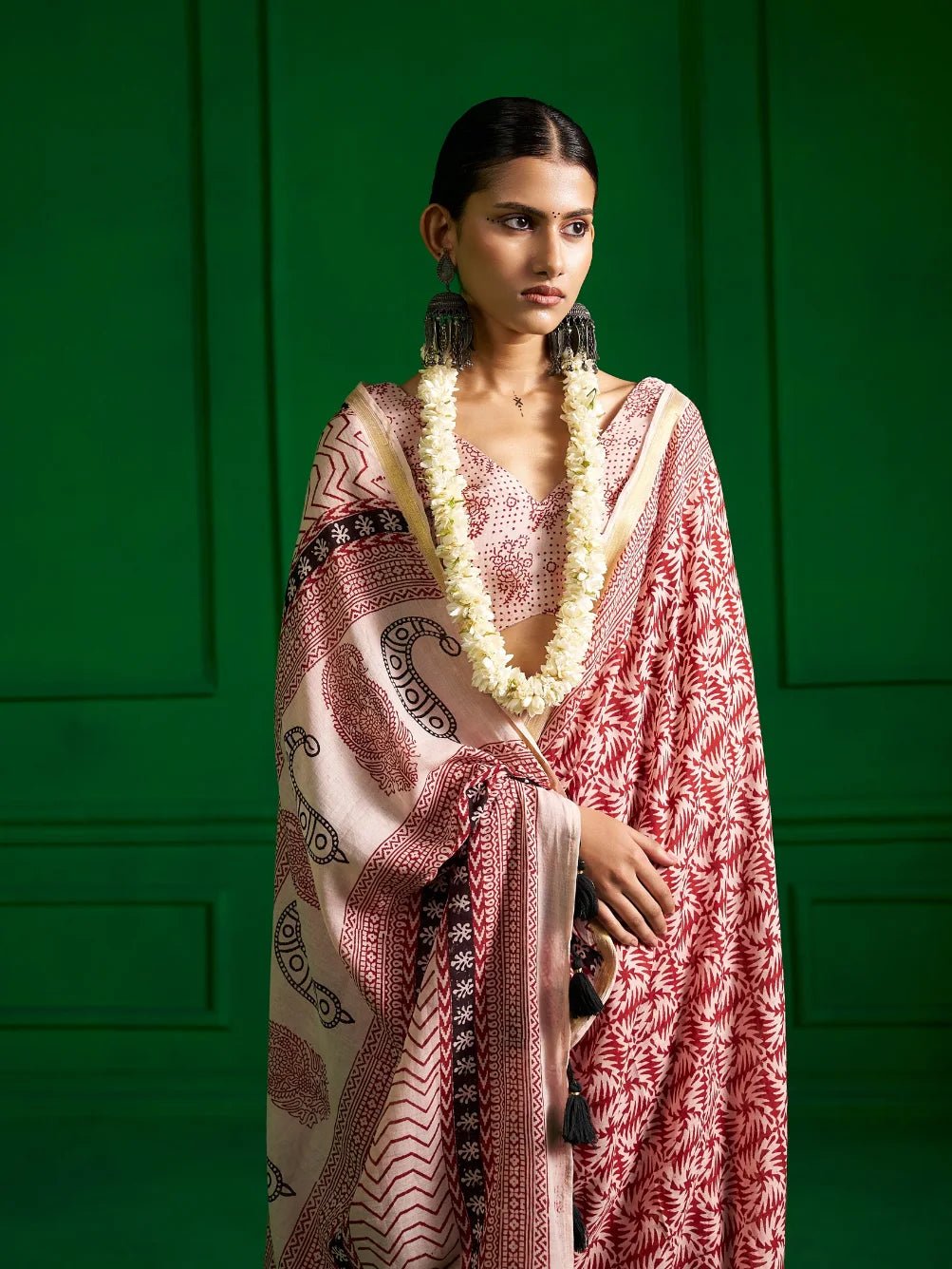 BLACK & RED VISCOSE MUL SCARLET SHADOW BAGH PRINT SAREE