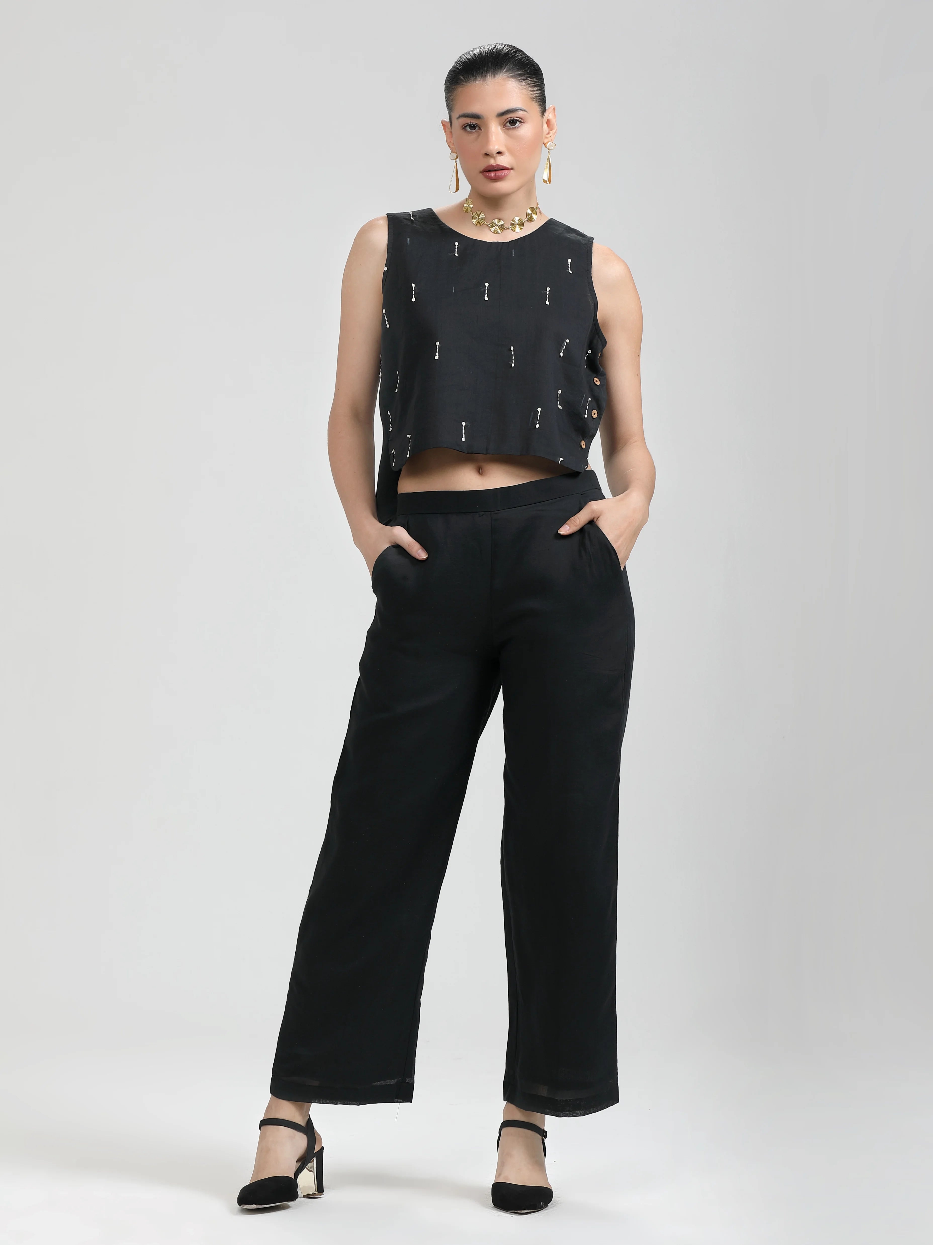 BLACK VISCOSE MUL HAND EMBROIDERD CROP TOP WITH PANTS