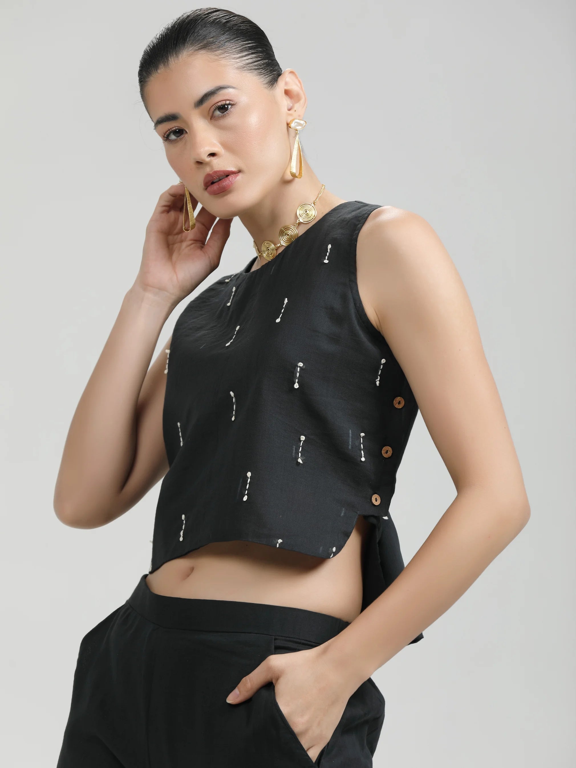 BLACK VISCOSE MUL HAND EMBROIDERD CROP TOP WITH PANTS