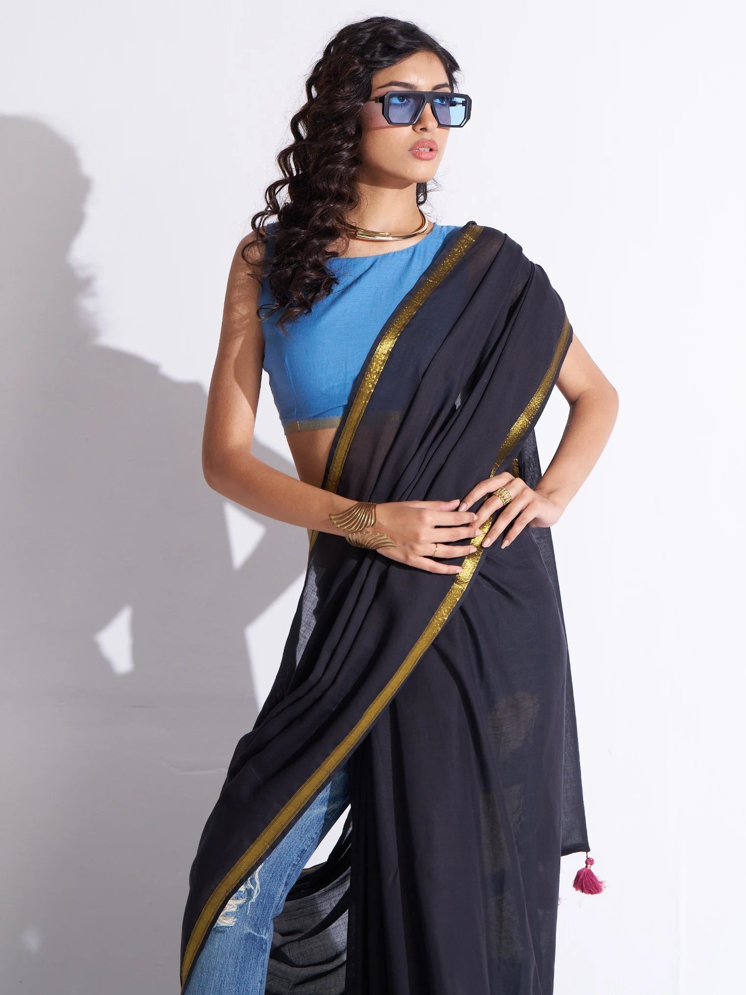 BLACK VISCOSE MUL LIVA SOLID SAREE