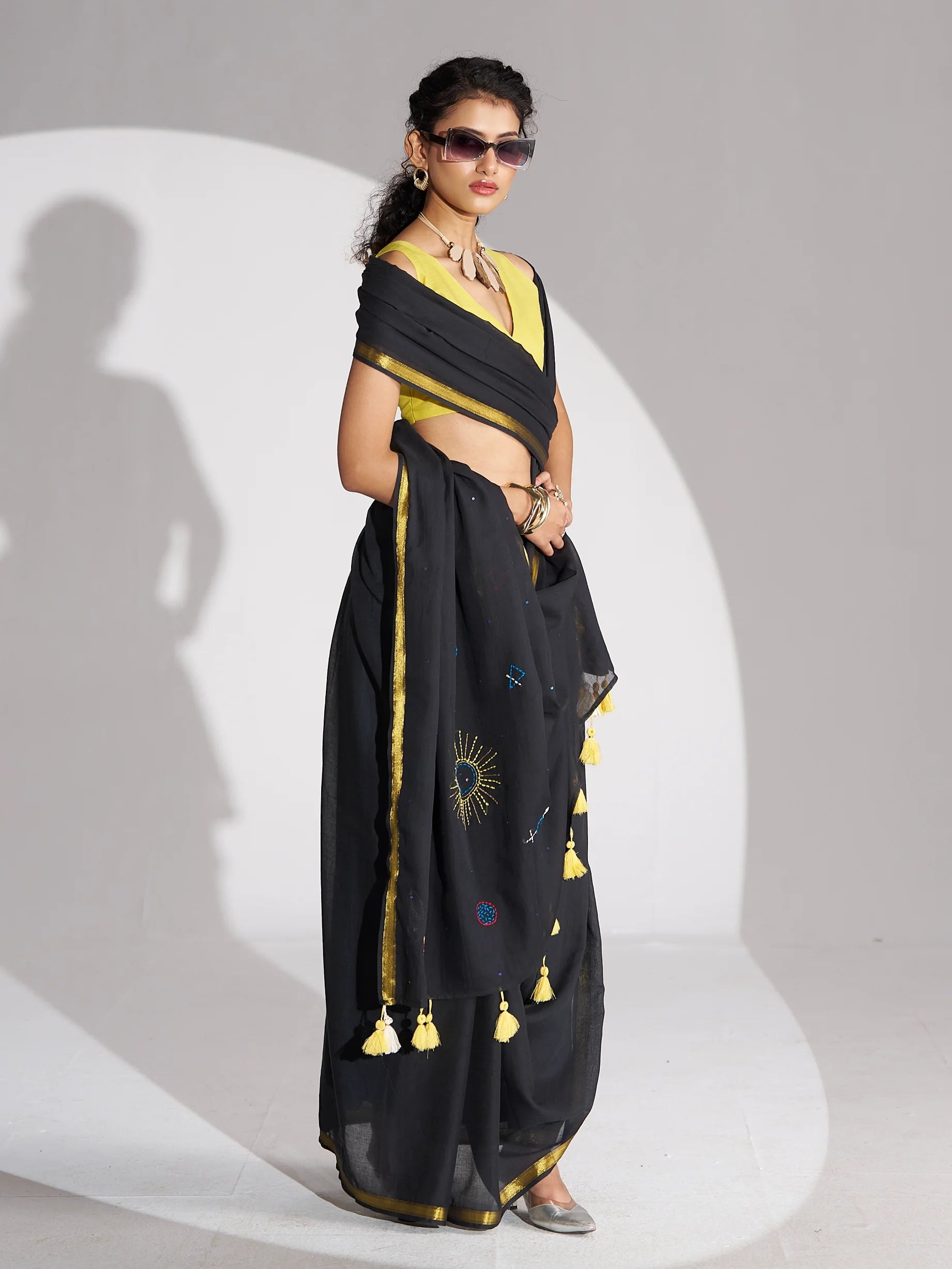 BLACK MULMUL COTTON SCORPIO CELESTIAL THREAD WORK SAREES