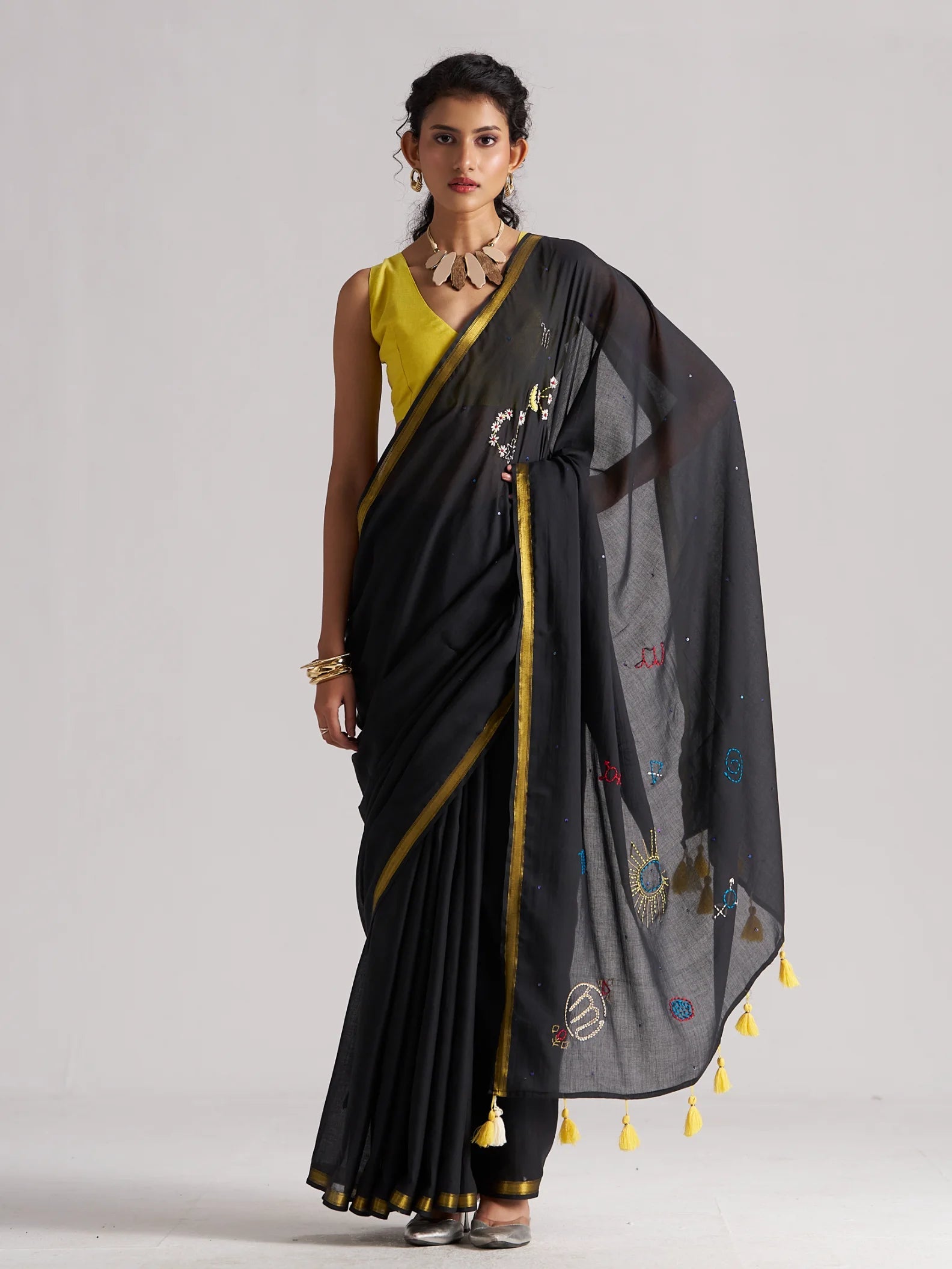 BLACK VISCOSE MUL SCORPIO CELESTIAL THREAD WORK SAREES